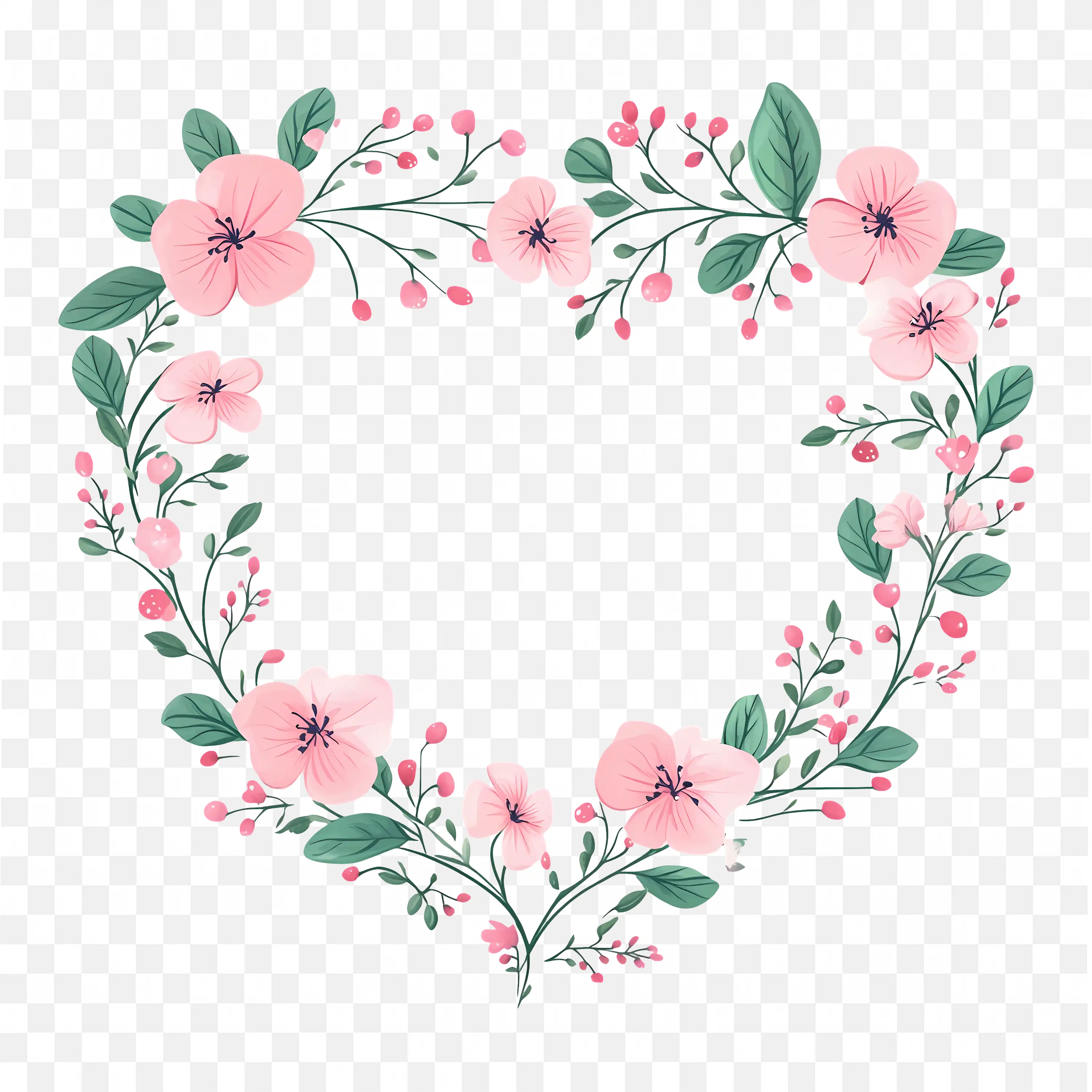 Floral Wreath PNG Pink Flowers and Leaves Circle Frame