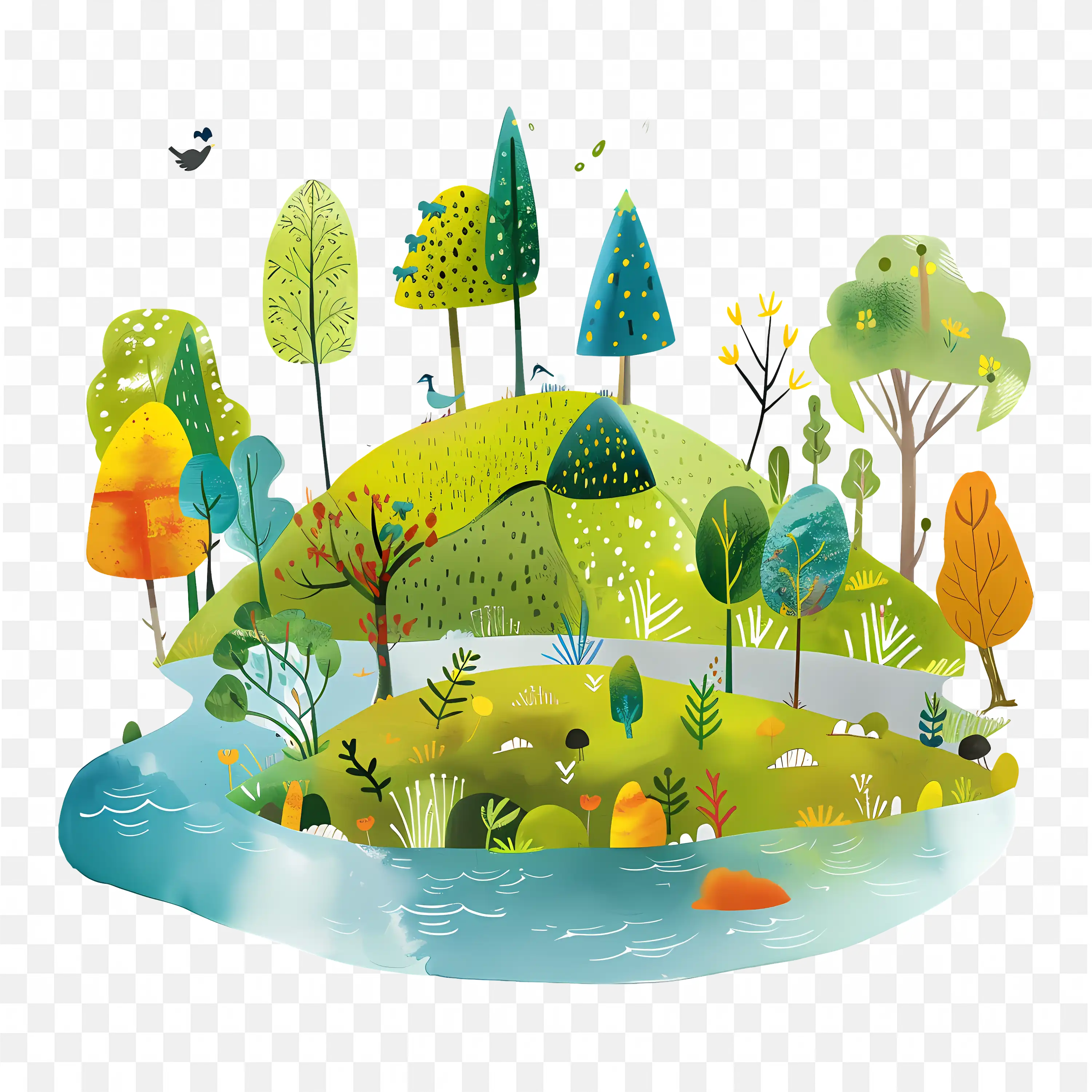Forest Island PNG Nature Scene Trees Water Clip Art Design