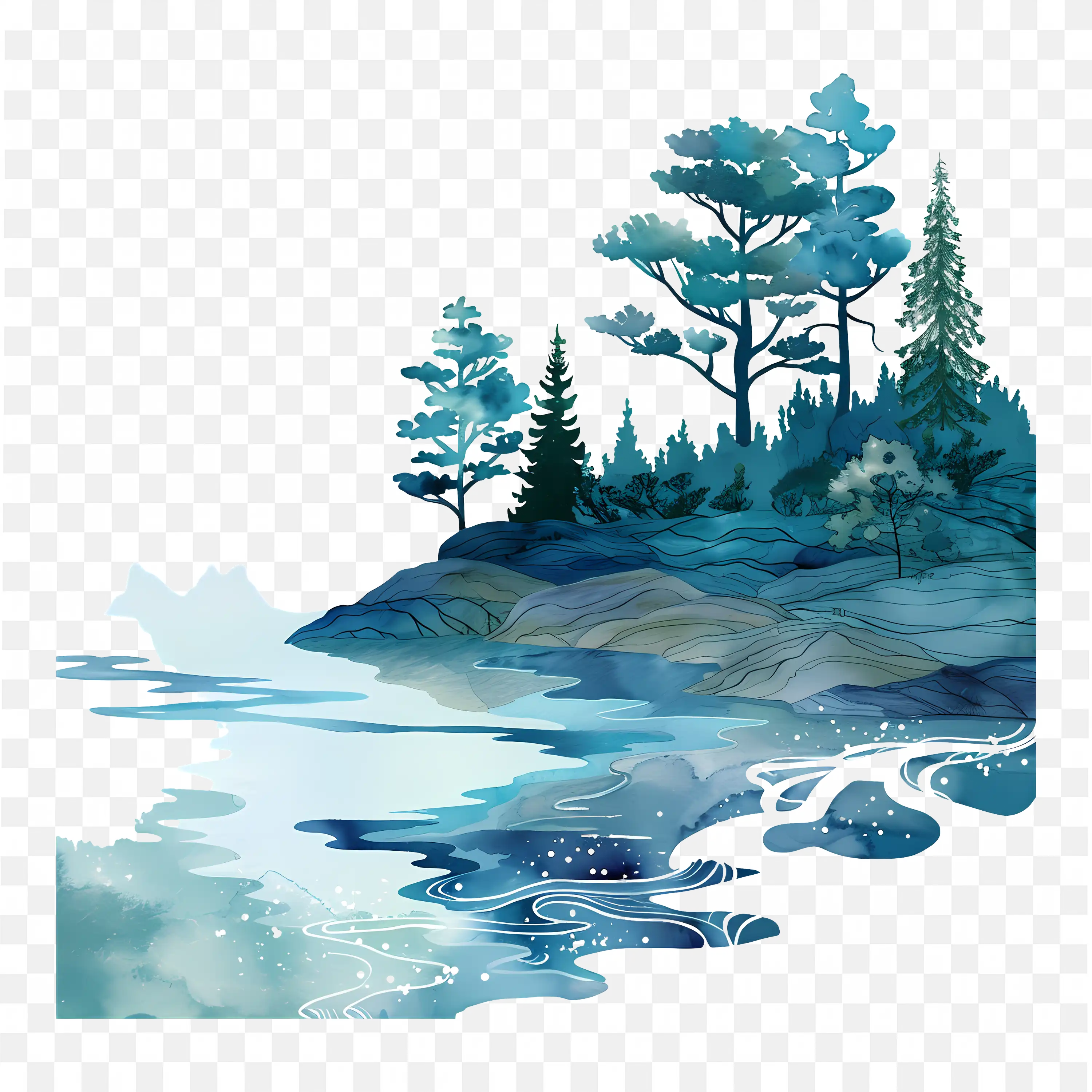 Forest Lake Scene PNG Watercolor Landscape Nature Art