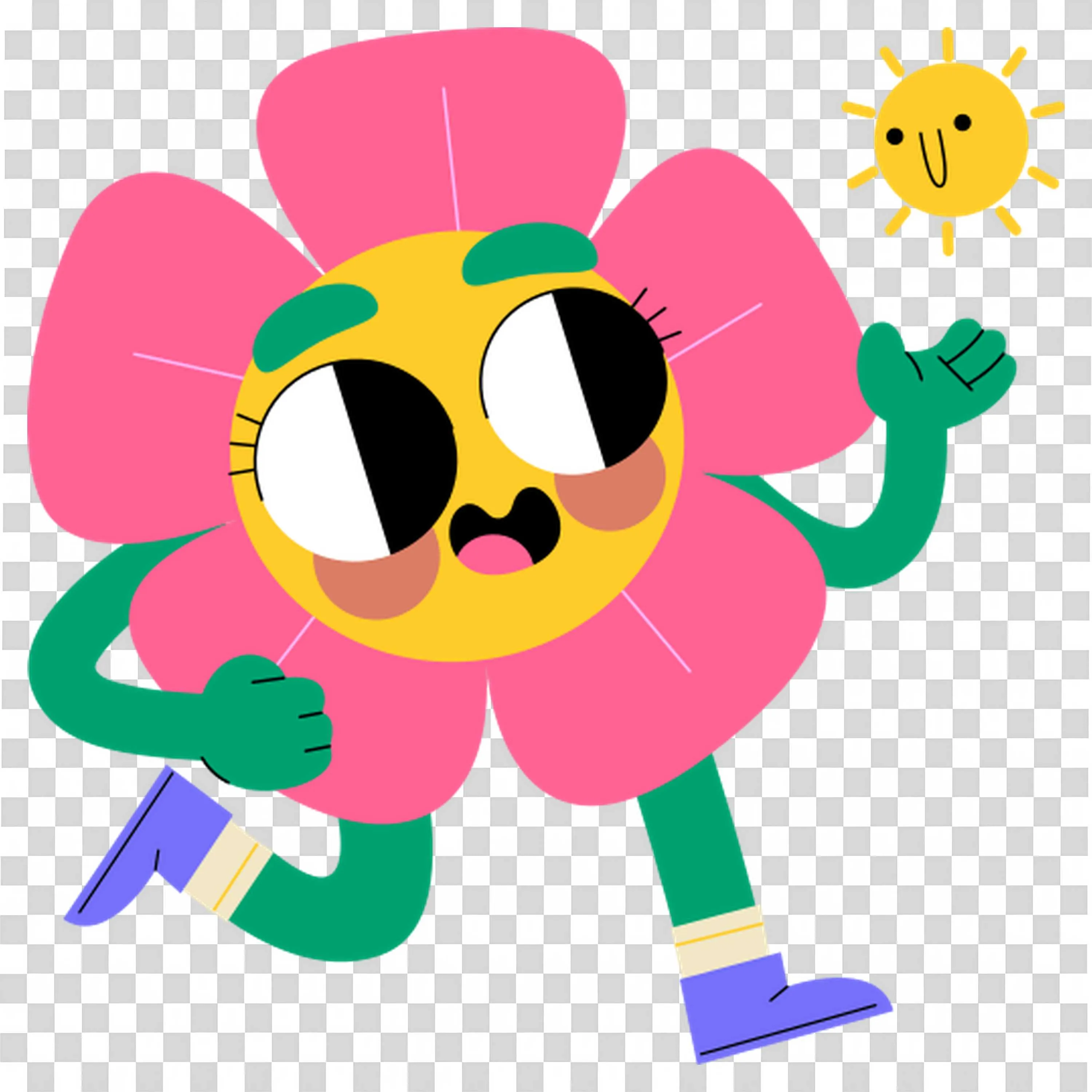 Funky Flower Mascot Dancing Under Bright Sunshine PNG
