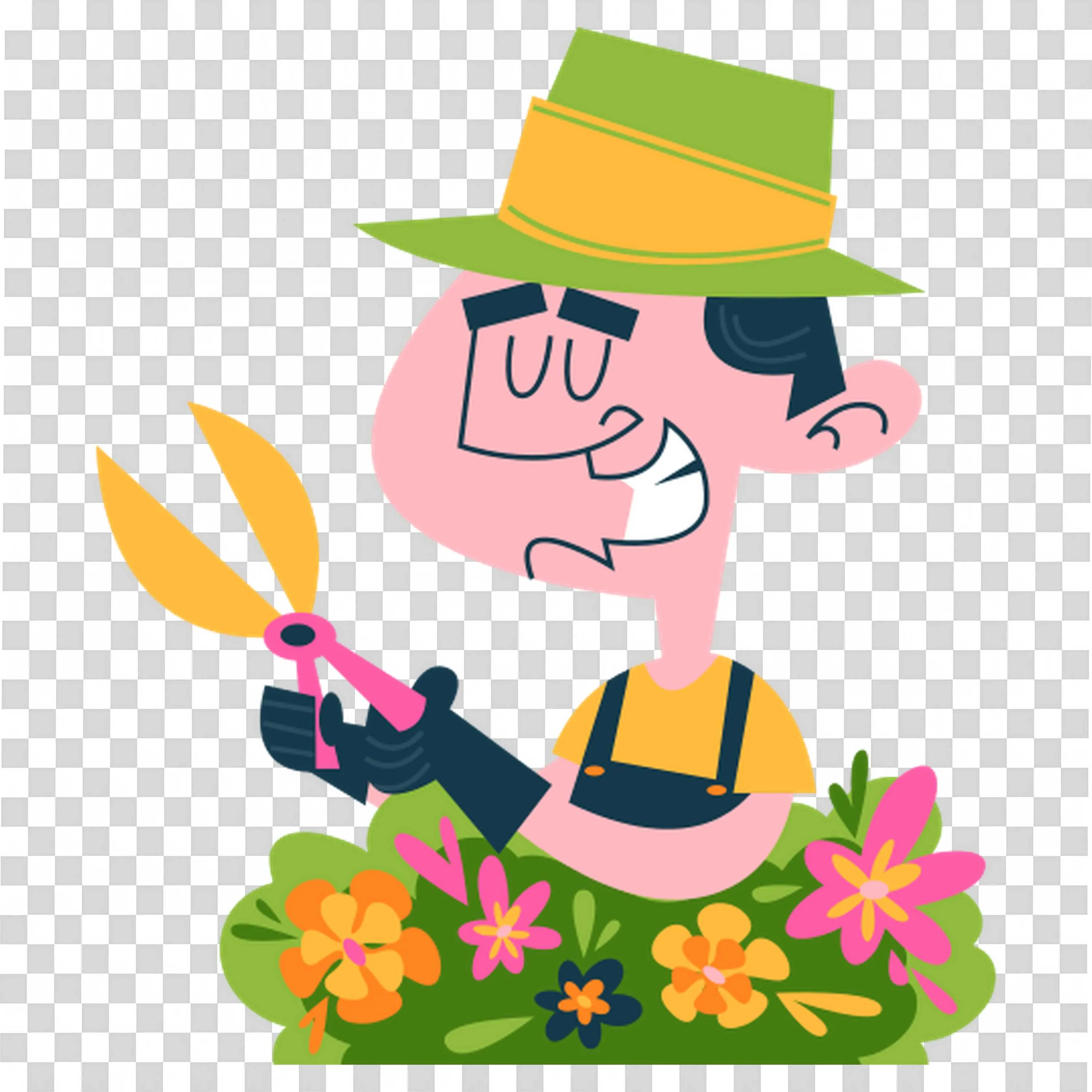 Gardener Boy Trimming Pink Flowers with Big Scissors