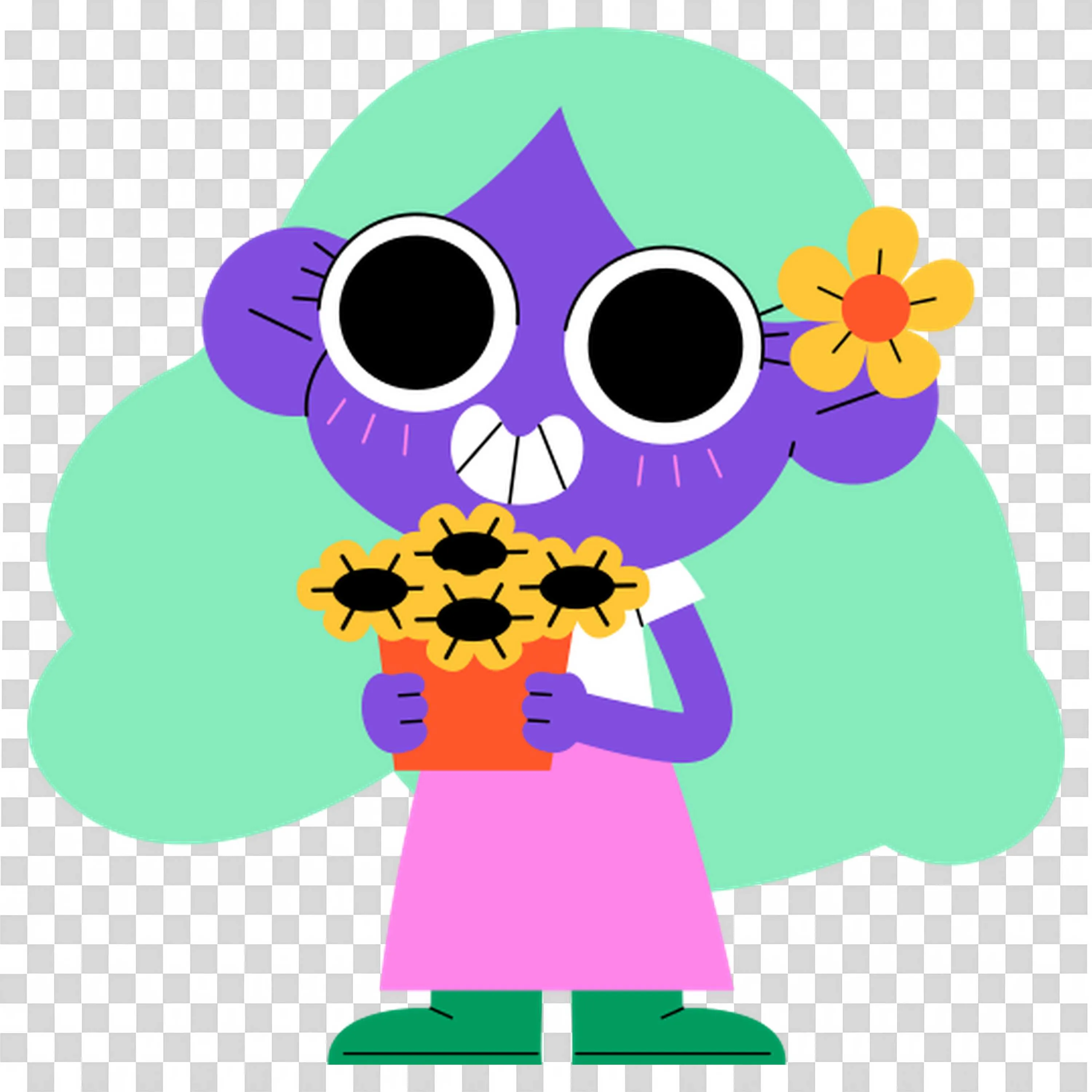 Girl Happily Holding a Bright Bouquet Of Spring Flowers