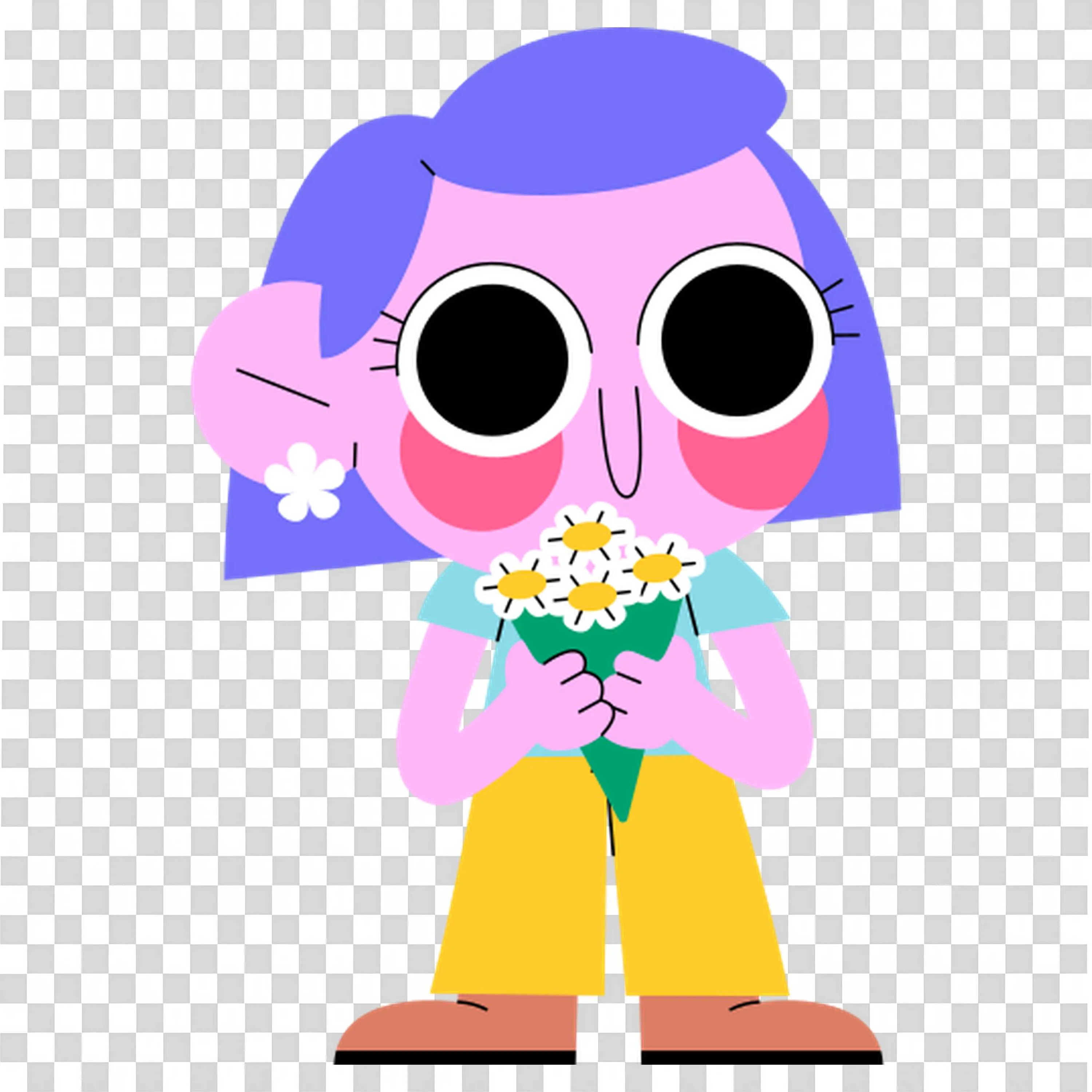 Girl Holding Flowers with Big Eyes and Smile PNGImage