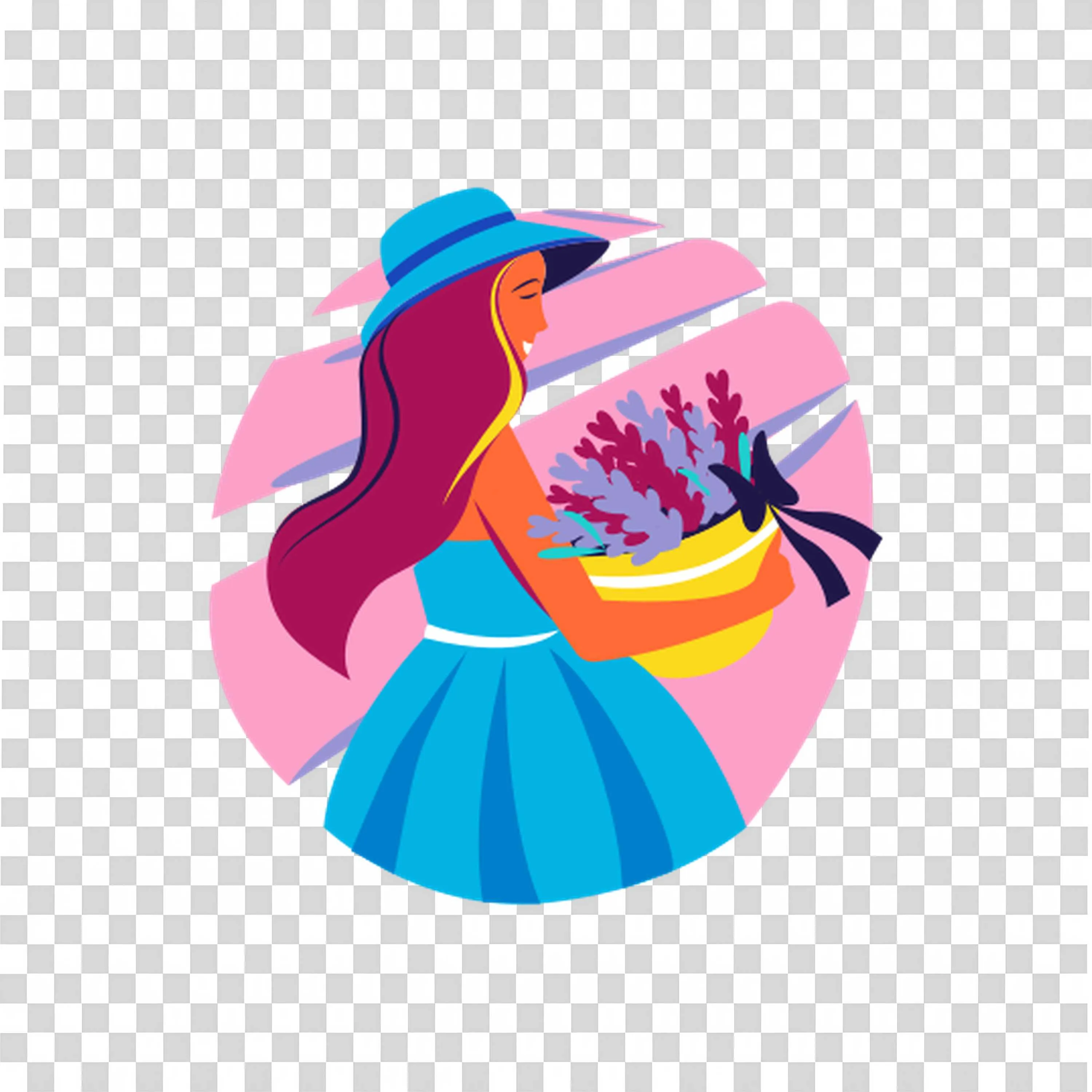 Girl in Blue Dress Holding a Bouquet Of Spring Flowers