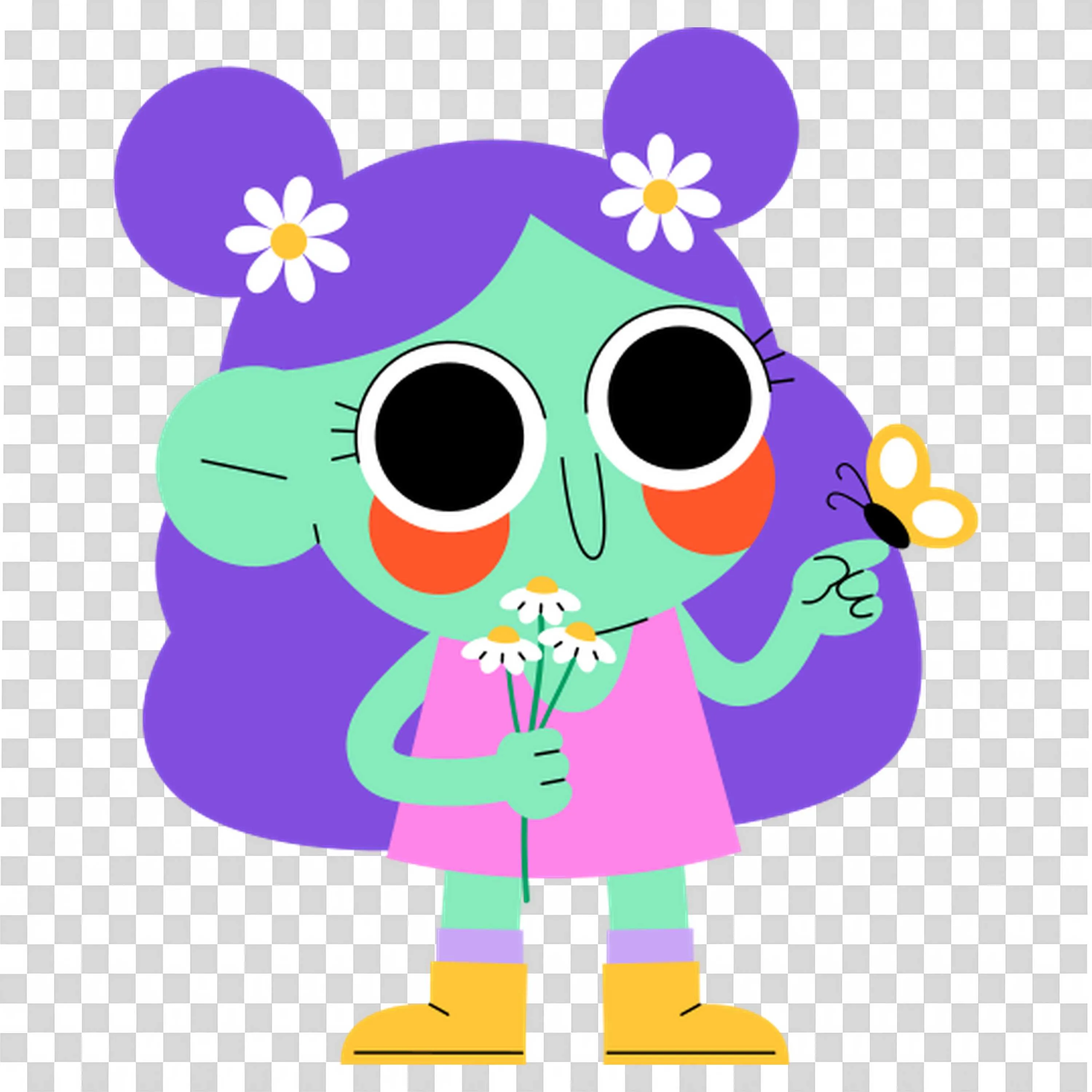 Girl in Purple Dress Holding Flowers with Big Round Eyes PNG