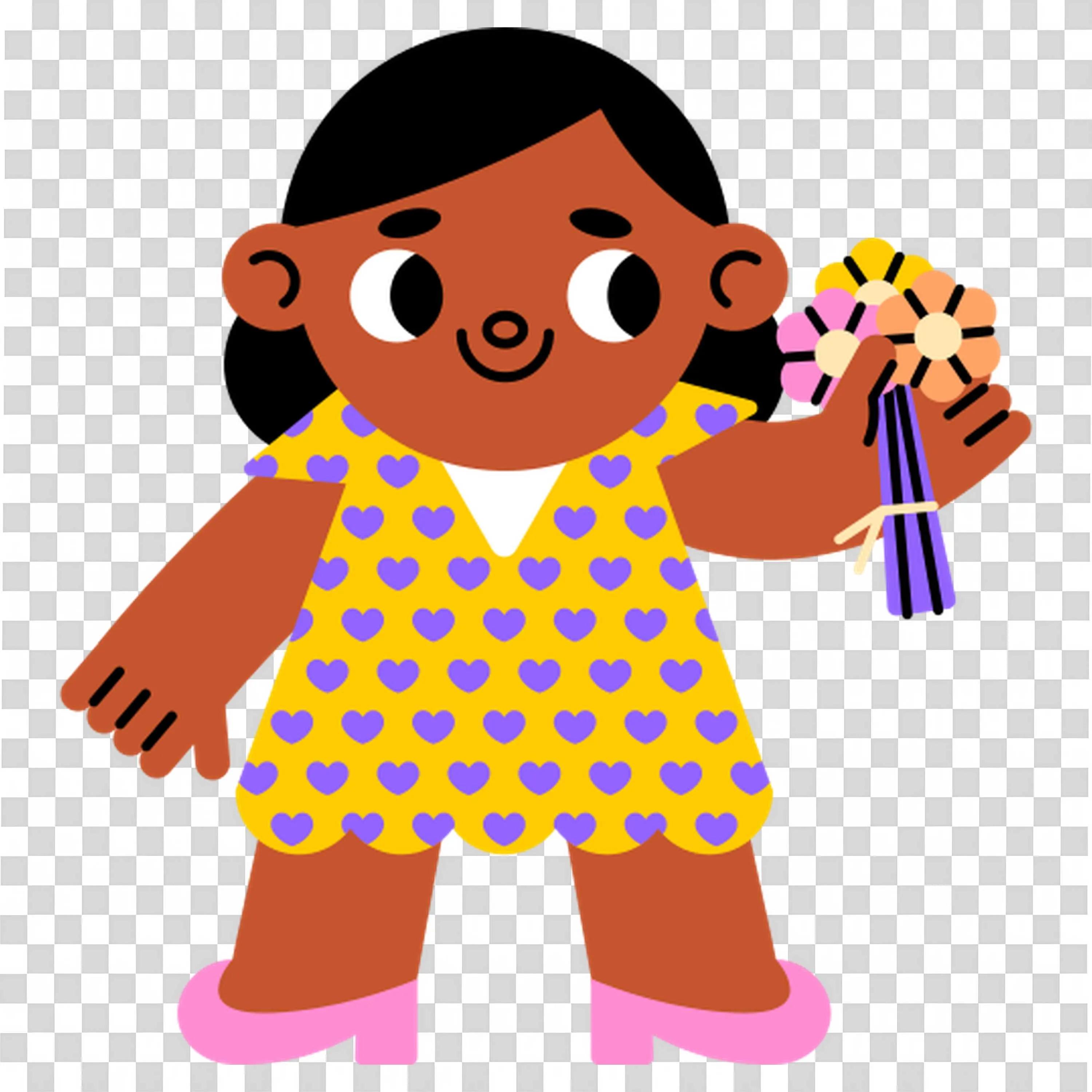 Girl in Yellow Dress Holding Flowers and Smiling PNG