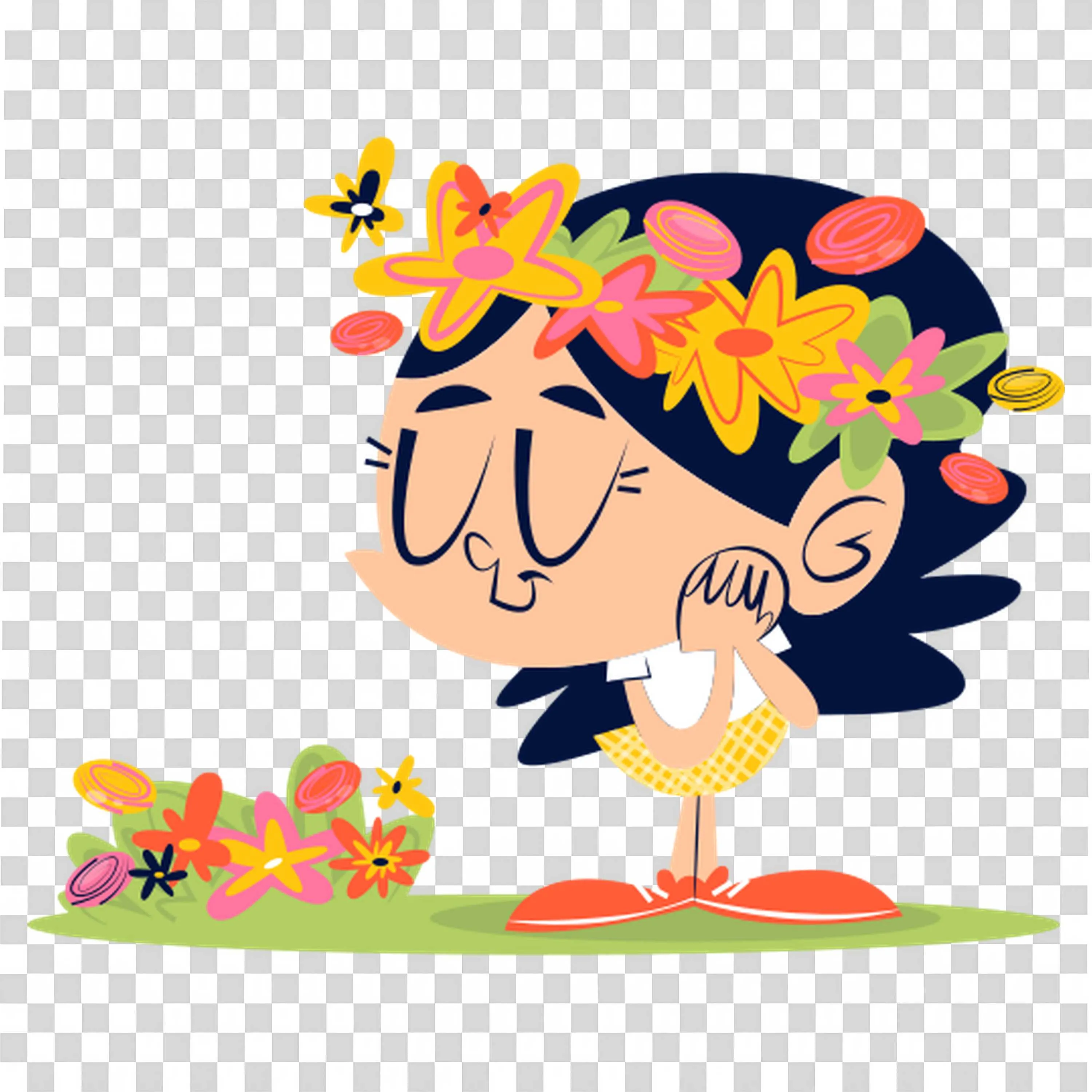 Girl Kneeling Down with Flower Crown and Bouquet PNG
