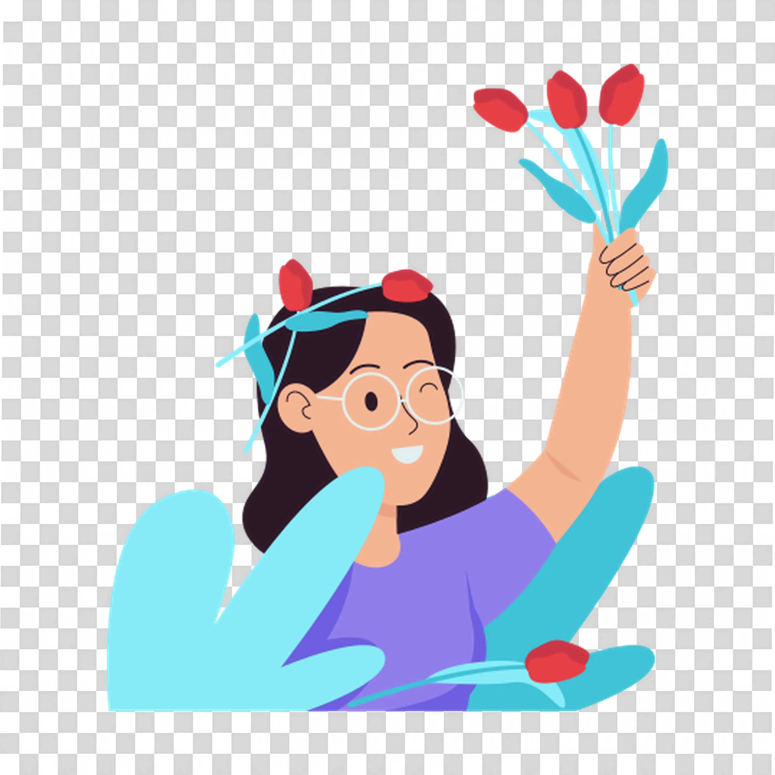 Girl Picking Flowers with Blue Background PNGImage