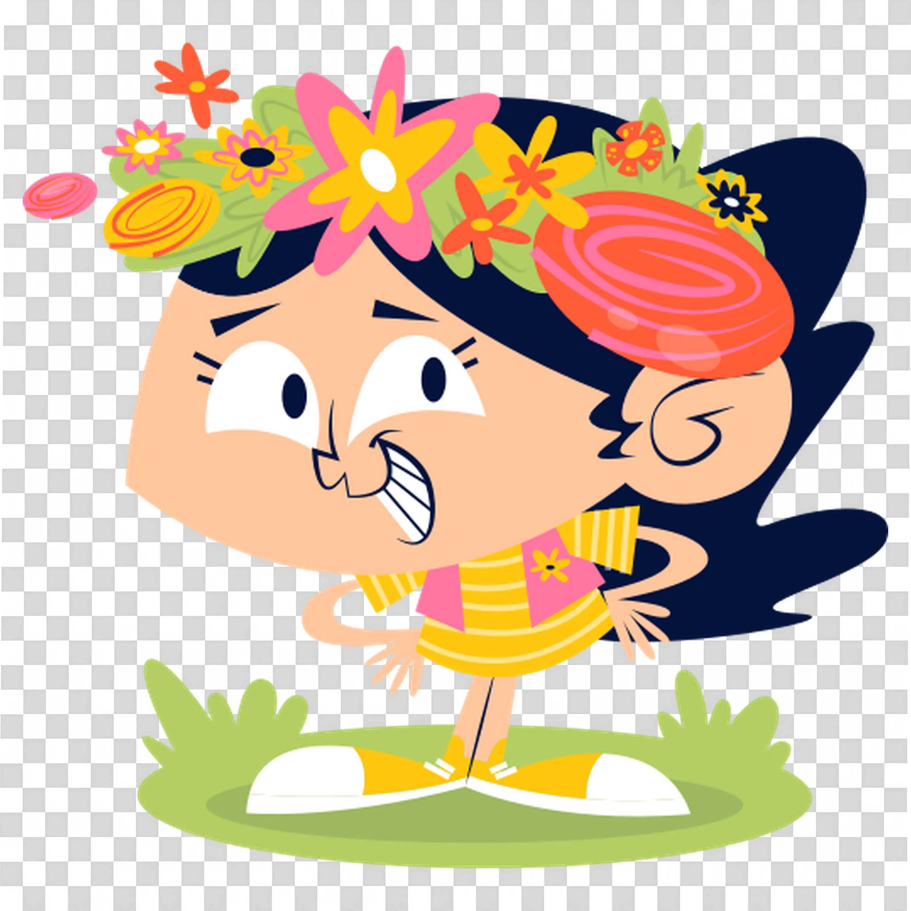 Girl Running with Flower Crown and Yellow Bouquet PNG