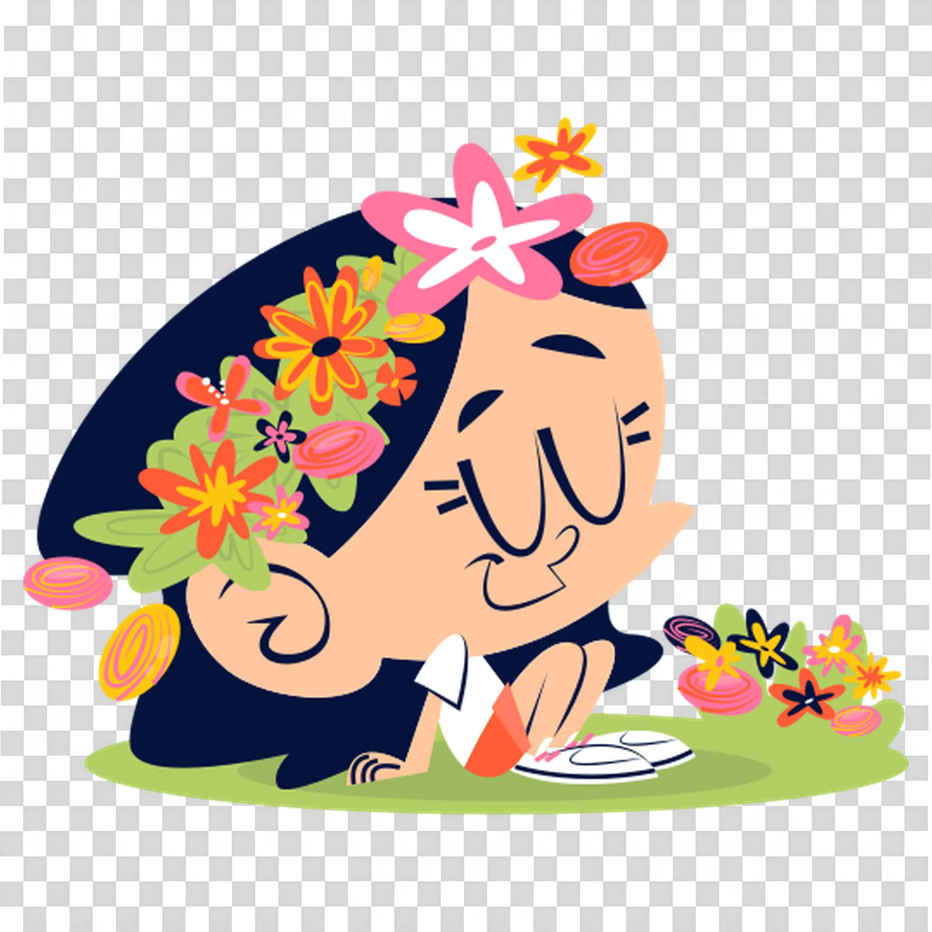 Girl Smelling Flowers with Happy Springtime Feeling Free PNG