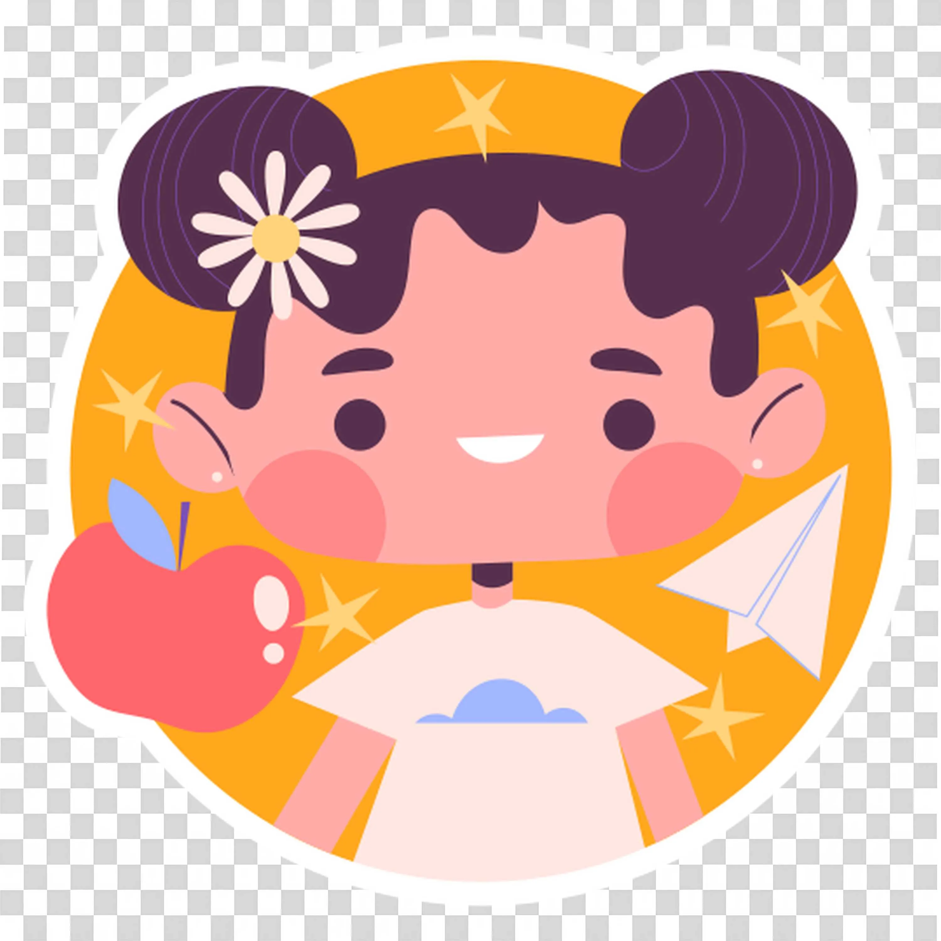 Girl Smiles Holding Apple with Floating Stars Free Png