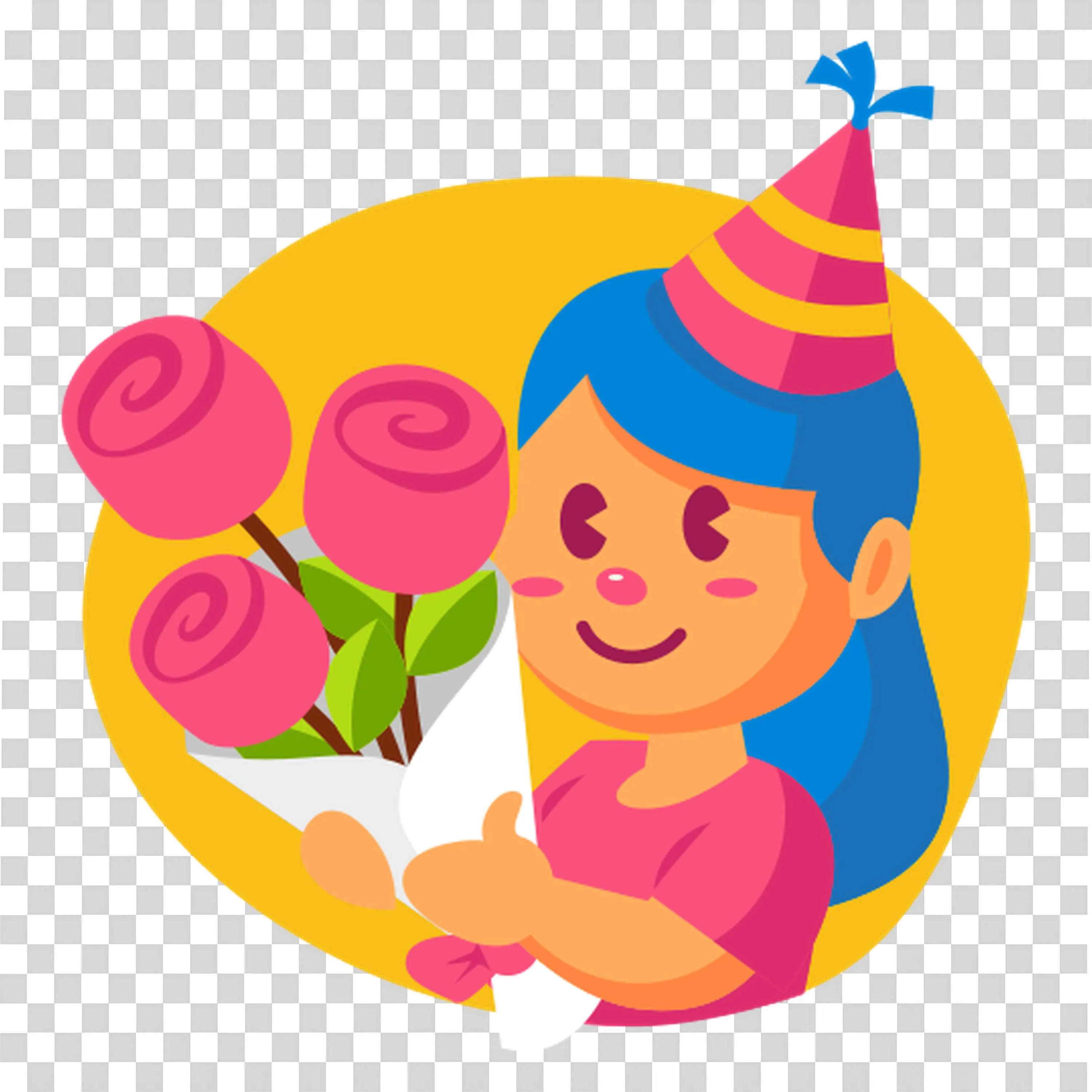 Girl Wearing Party Hat Holding Bouquet Of Pink Roses PNG