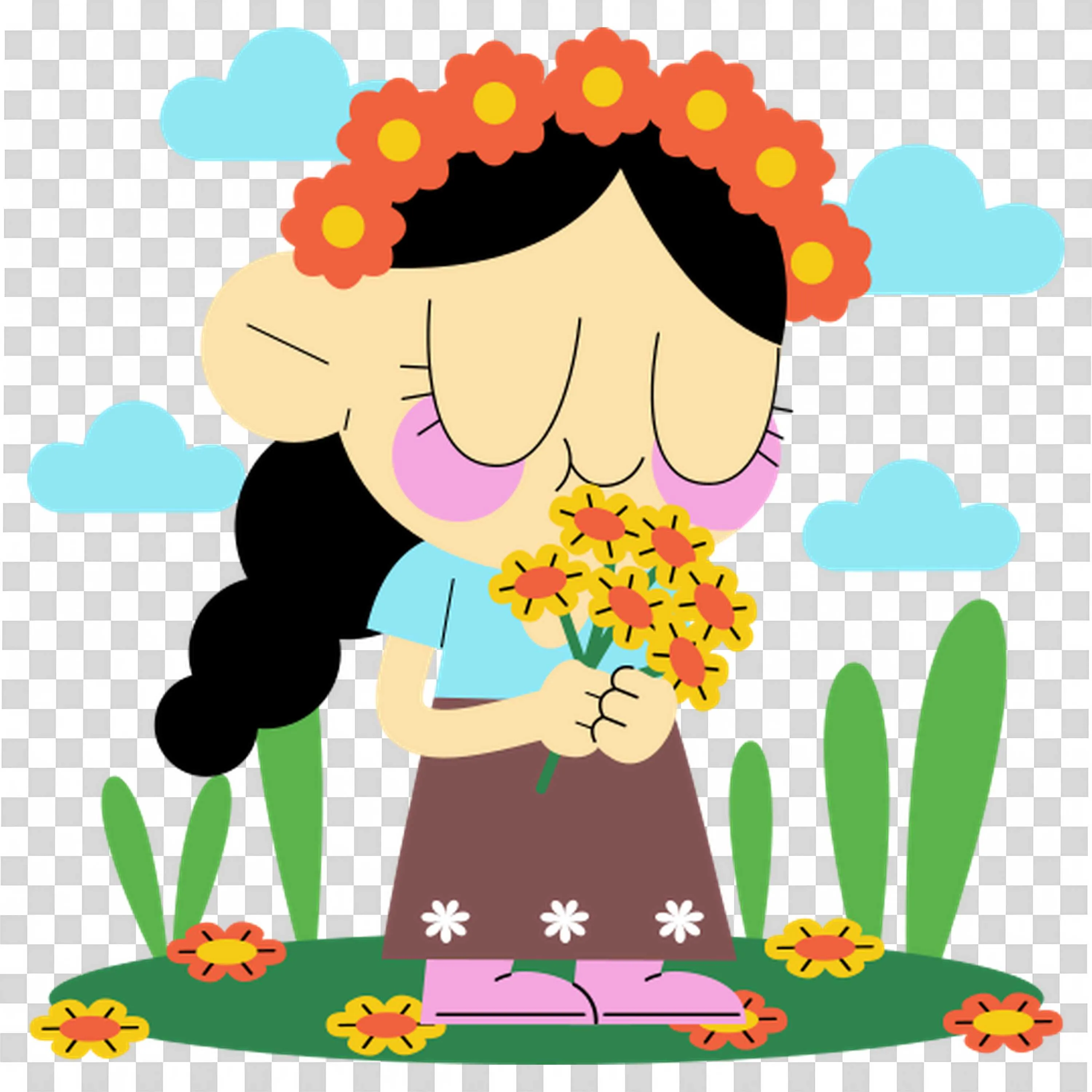 Girl with Flower Crown Smiling and Holding Flowers