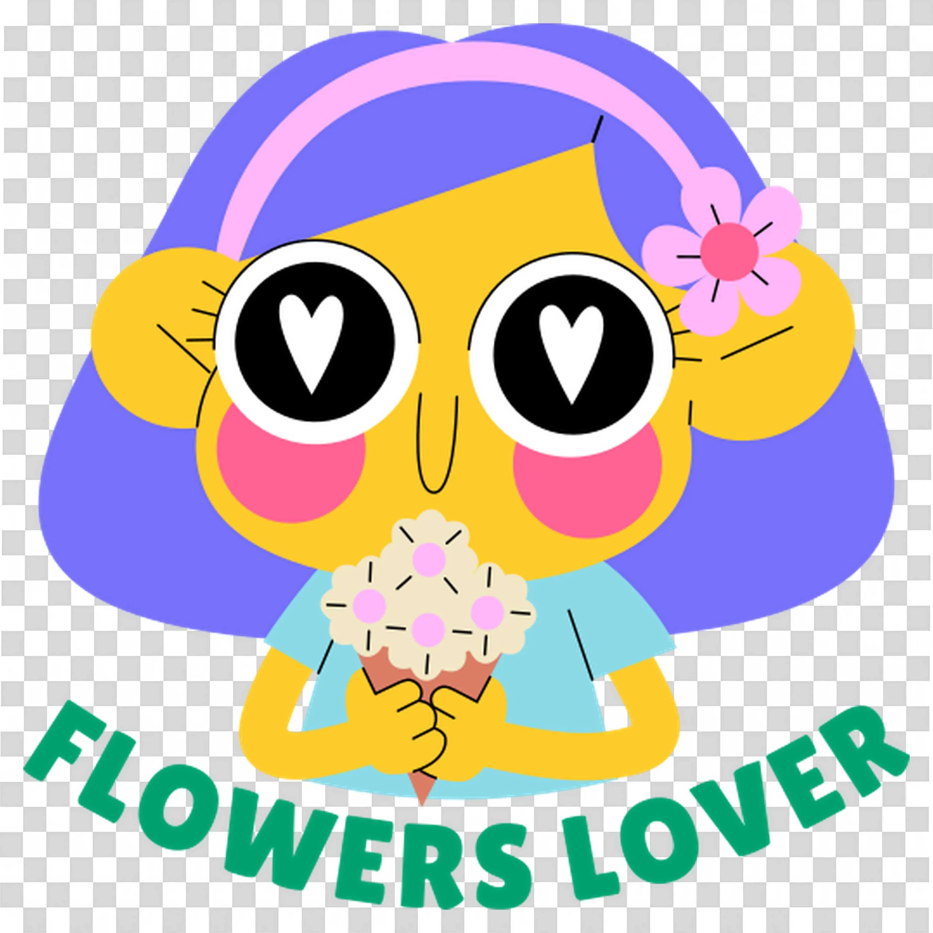 Girl with Heart Eyes Holding Flowers and Smiling PNGImage