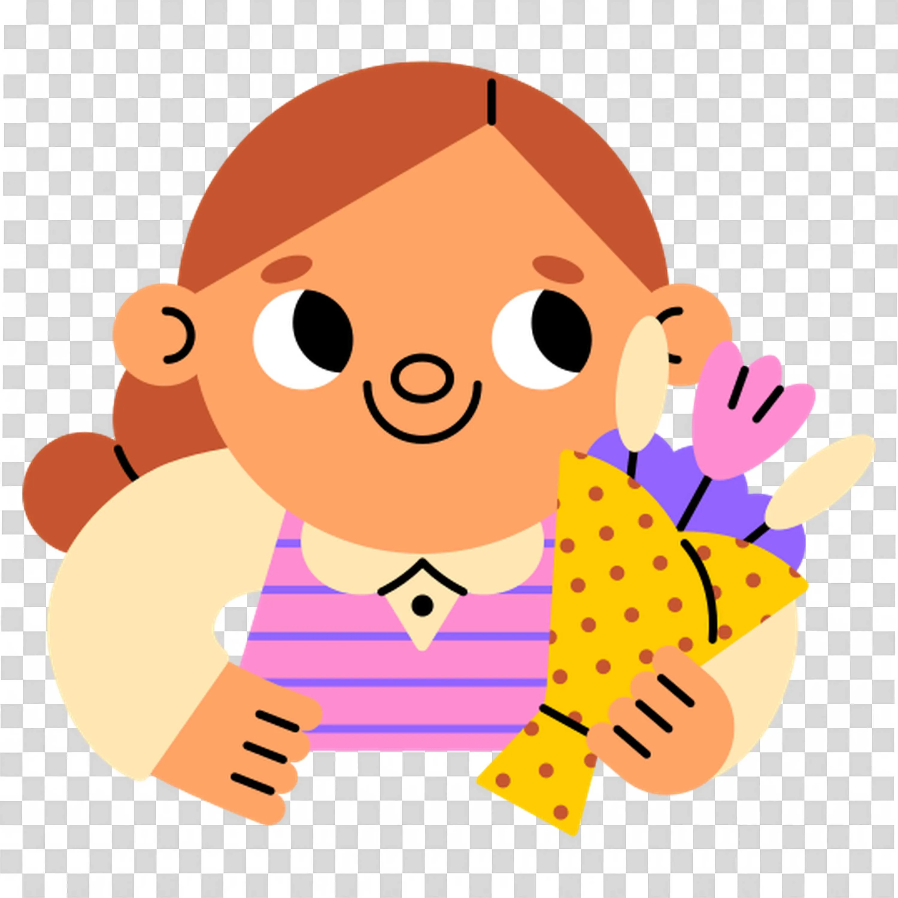 Girl with Ponytails Holding a Small Bouquet Of Flowers