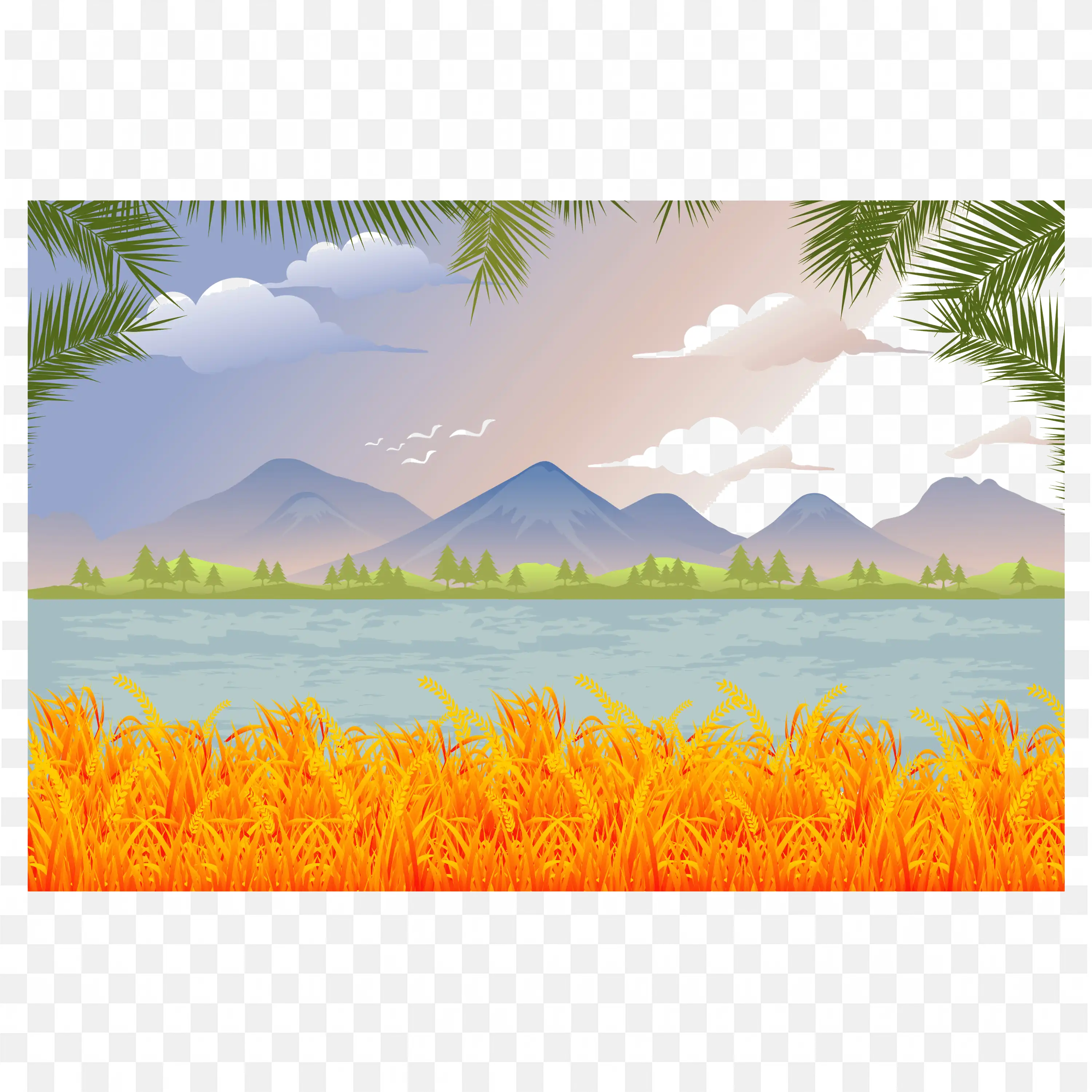 Golden Field and Mountains Scenic Landscape Painting Art