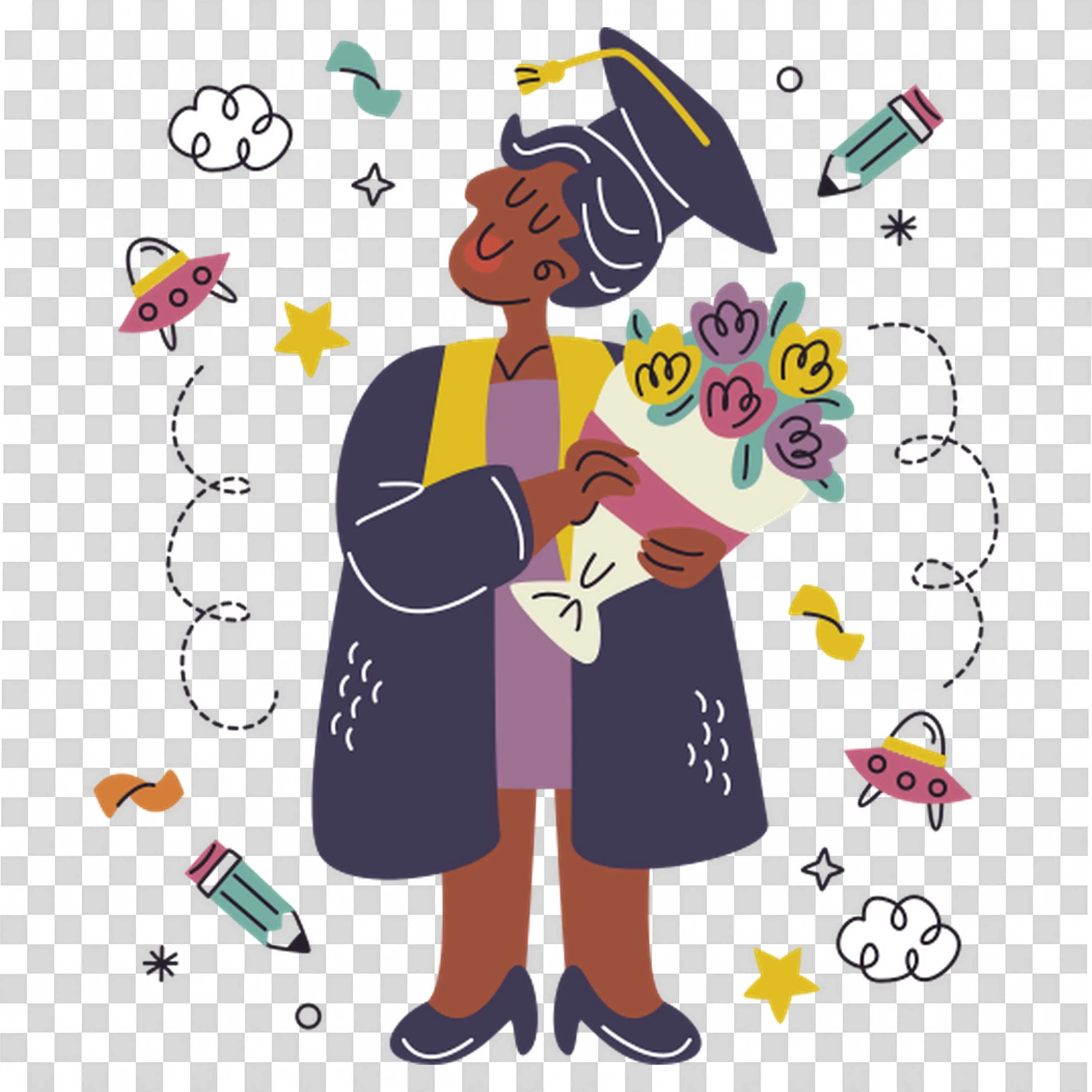 Graduate Throwing Cap with Books Stars and Happy Face