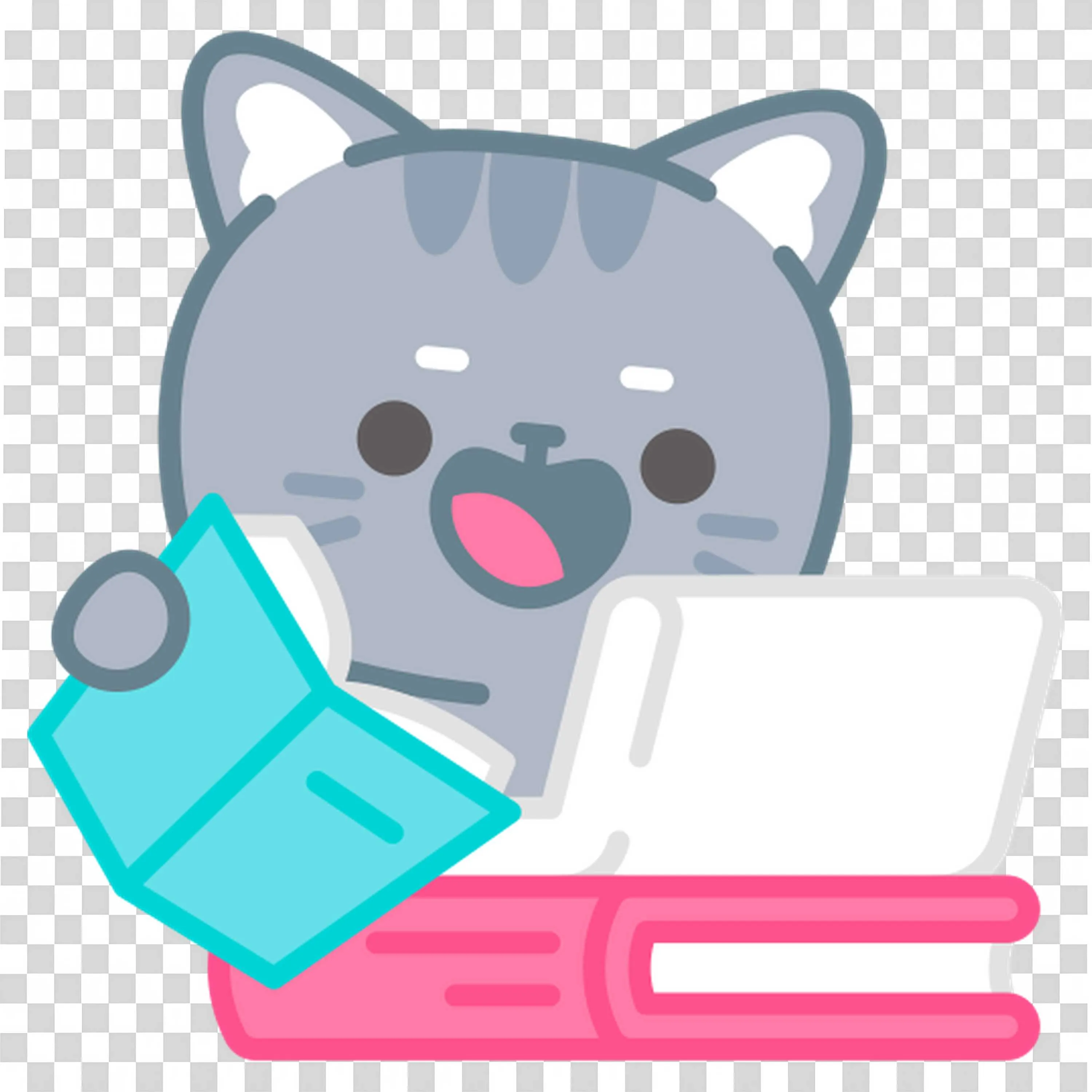 Gray Cat Holding Pink and Blue Books On White Background