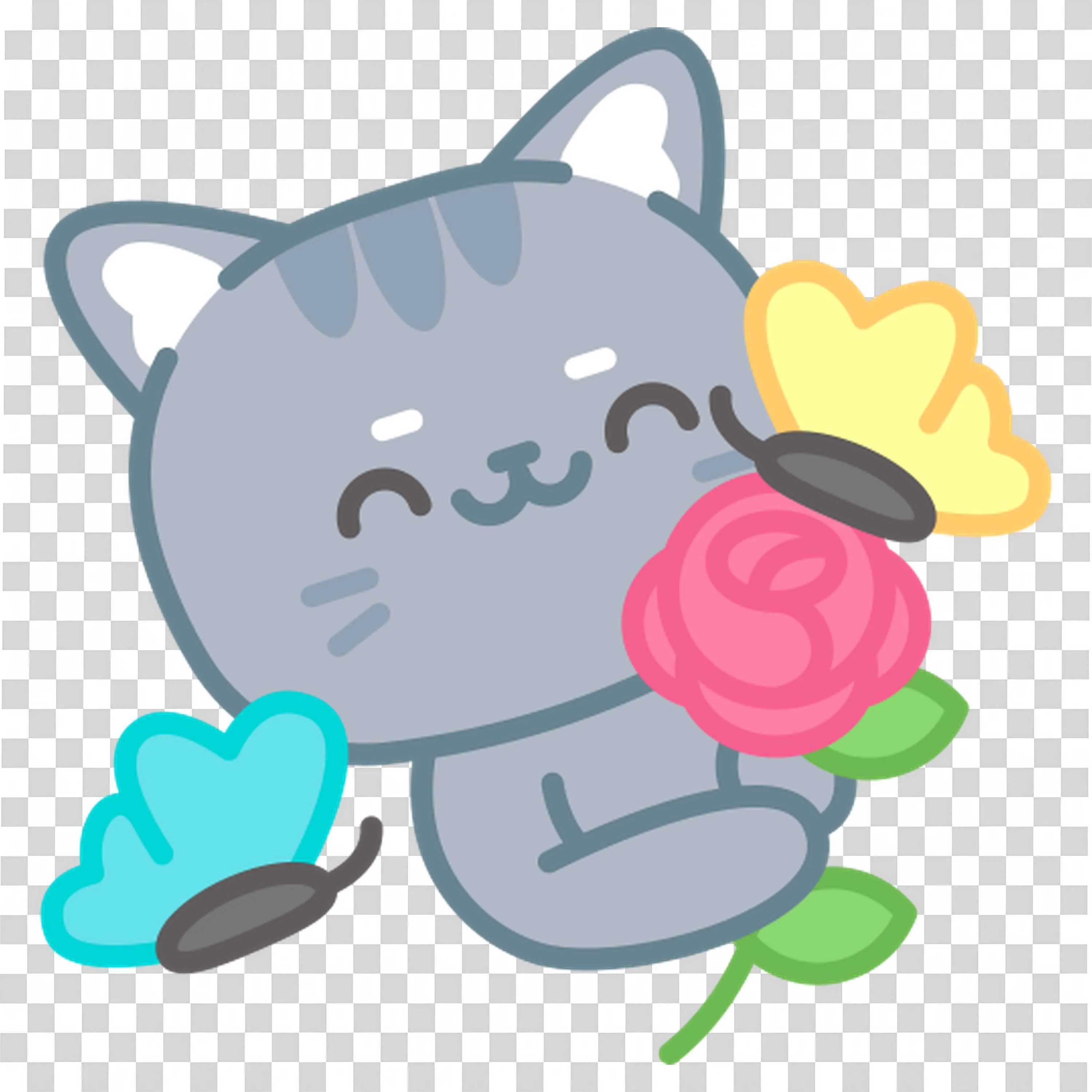 Gray Cat Holding Pink Rose with Leafy Background Image