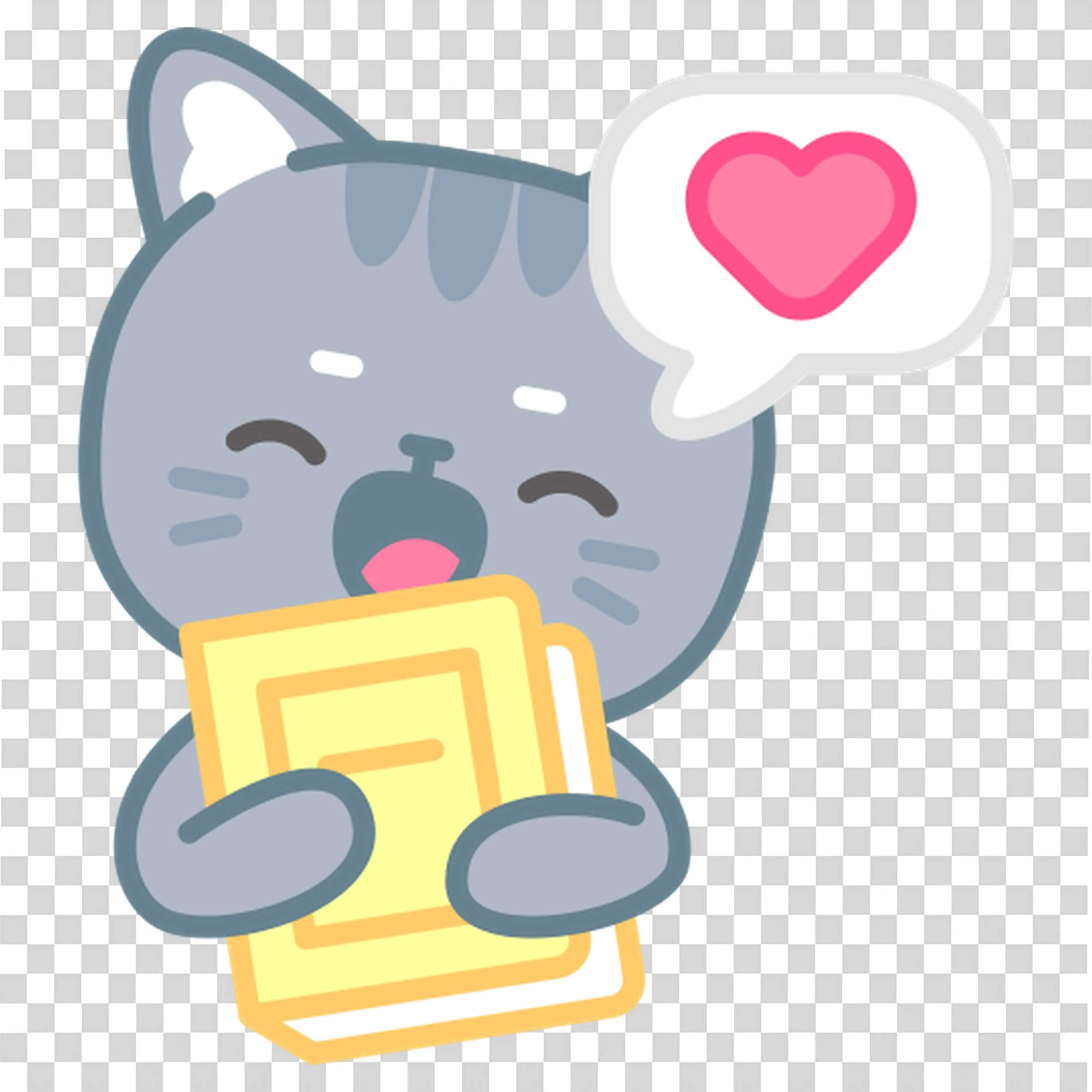 Gray Cat Hugging a Yellow Book with a Pink Heart Above