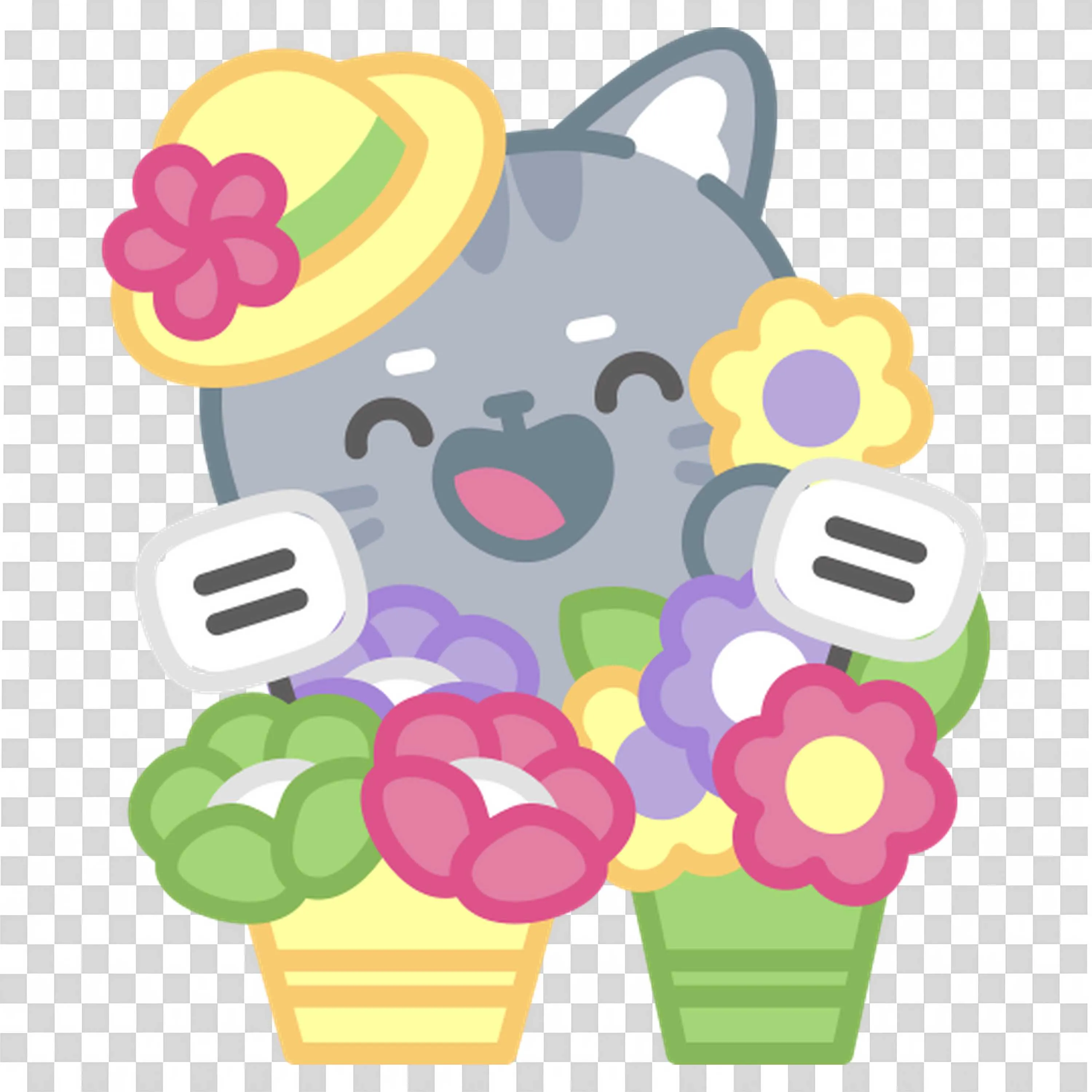 Gray Cat Hugging Pots Filled with Happy Flowers PNGImage