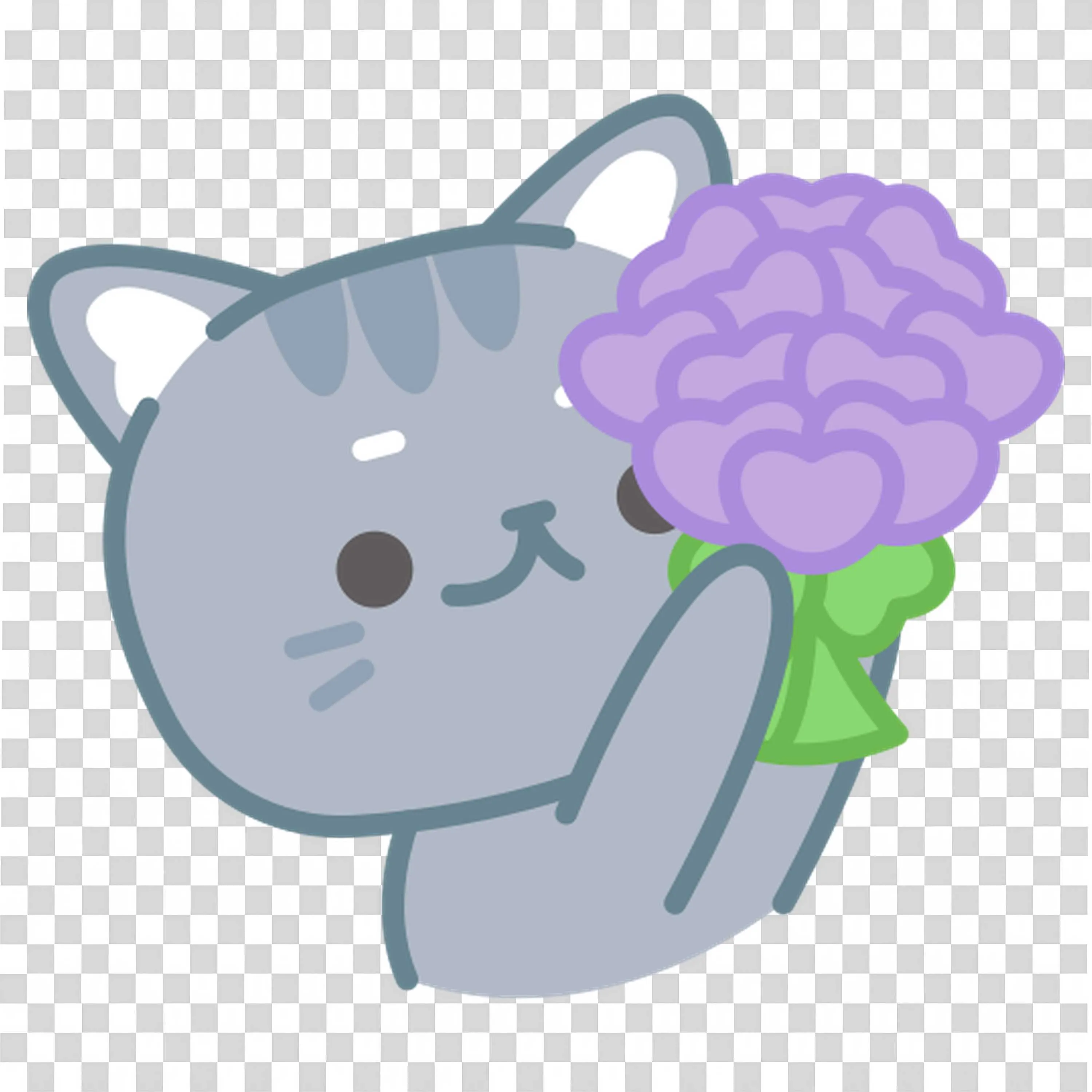 Gray Cat Hugging Purple Flower with Closed Eyes Free PNG
