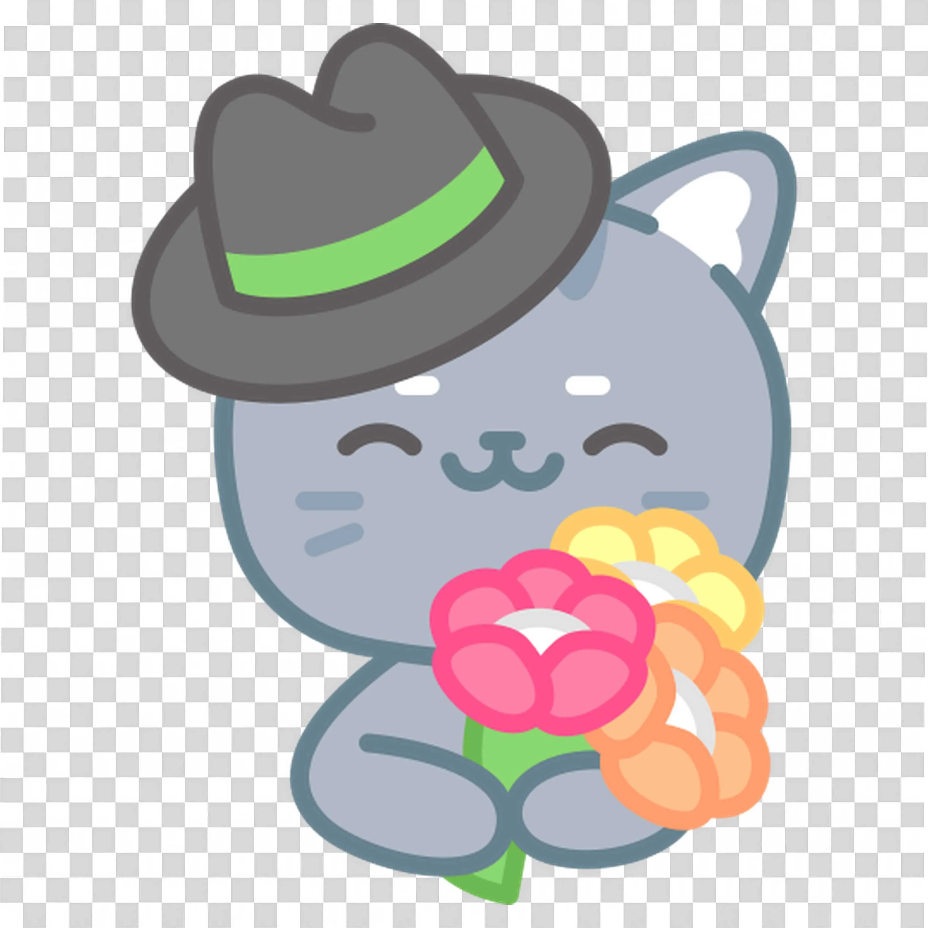 Gray Cat Wearing a Hat Holding a Pink Flower Free PNG