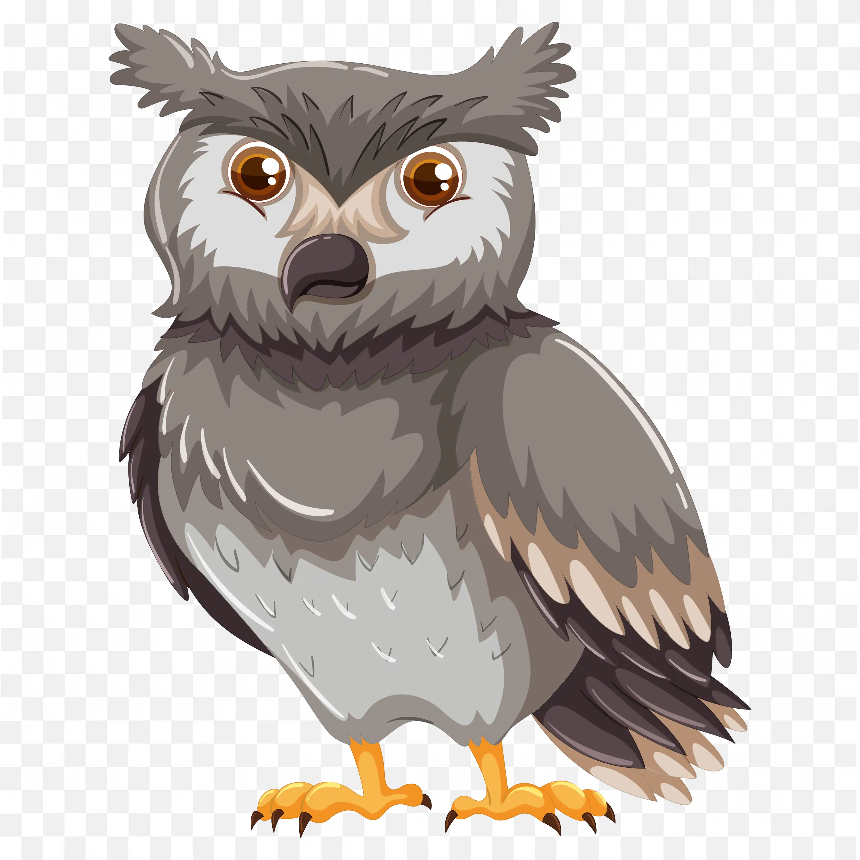 Gray Owl with Large Eyes Sitting PNG Illustration