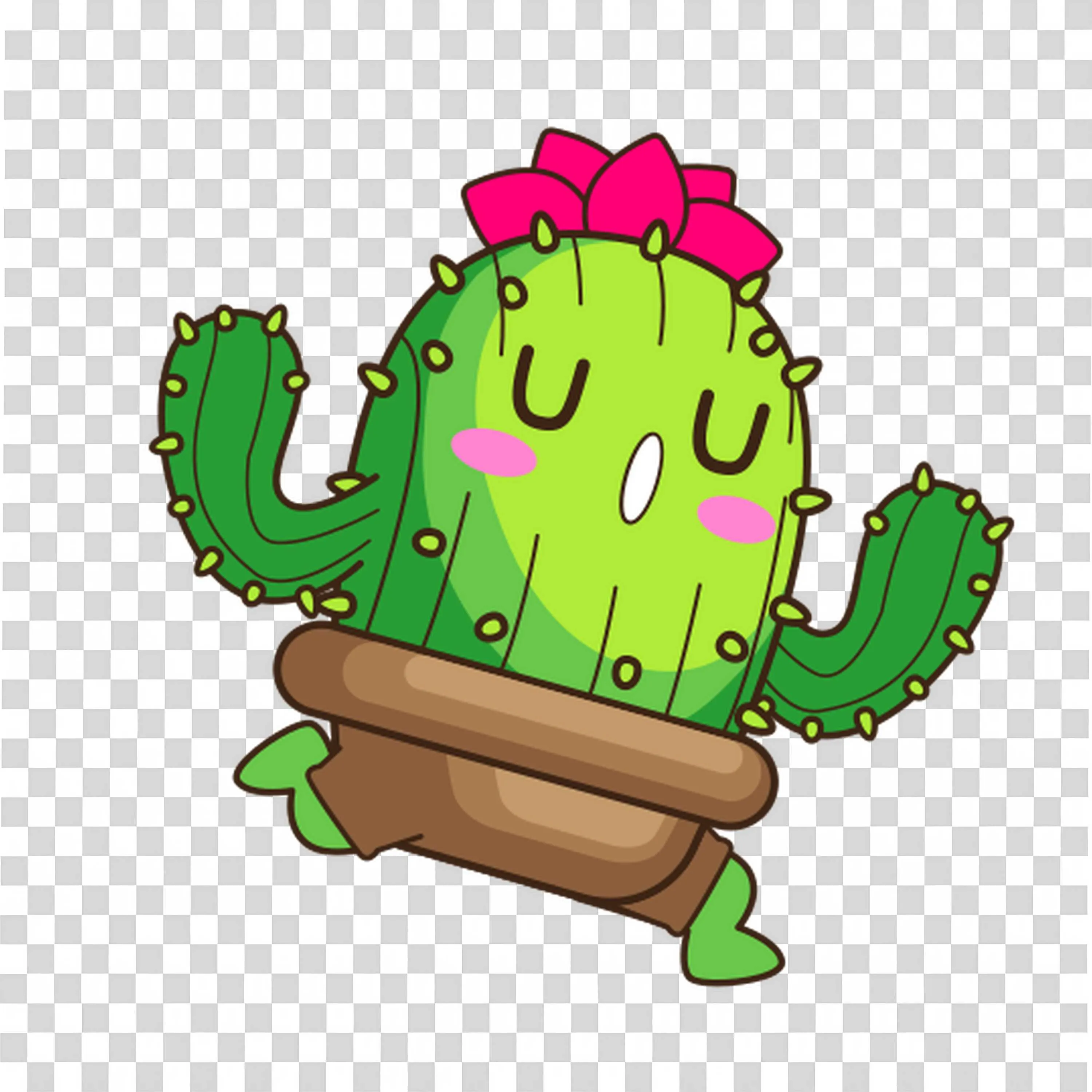 Green Cactus Smiling with Pink Flower in Brown Pot PNG