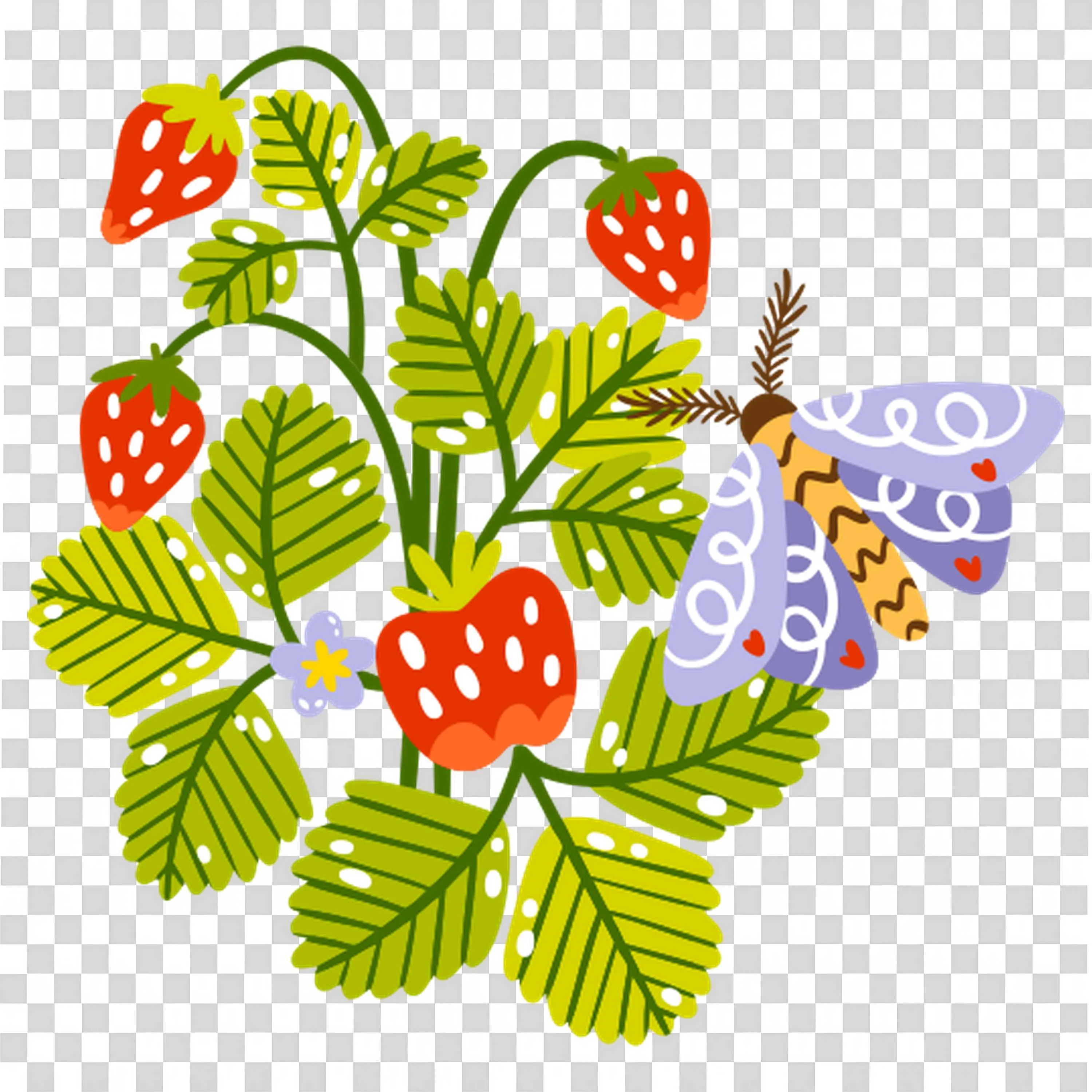 Green Leaves with Red Flowers and Purple Butterfly