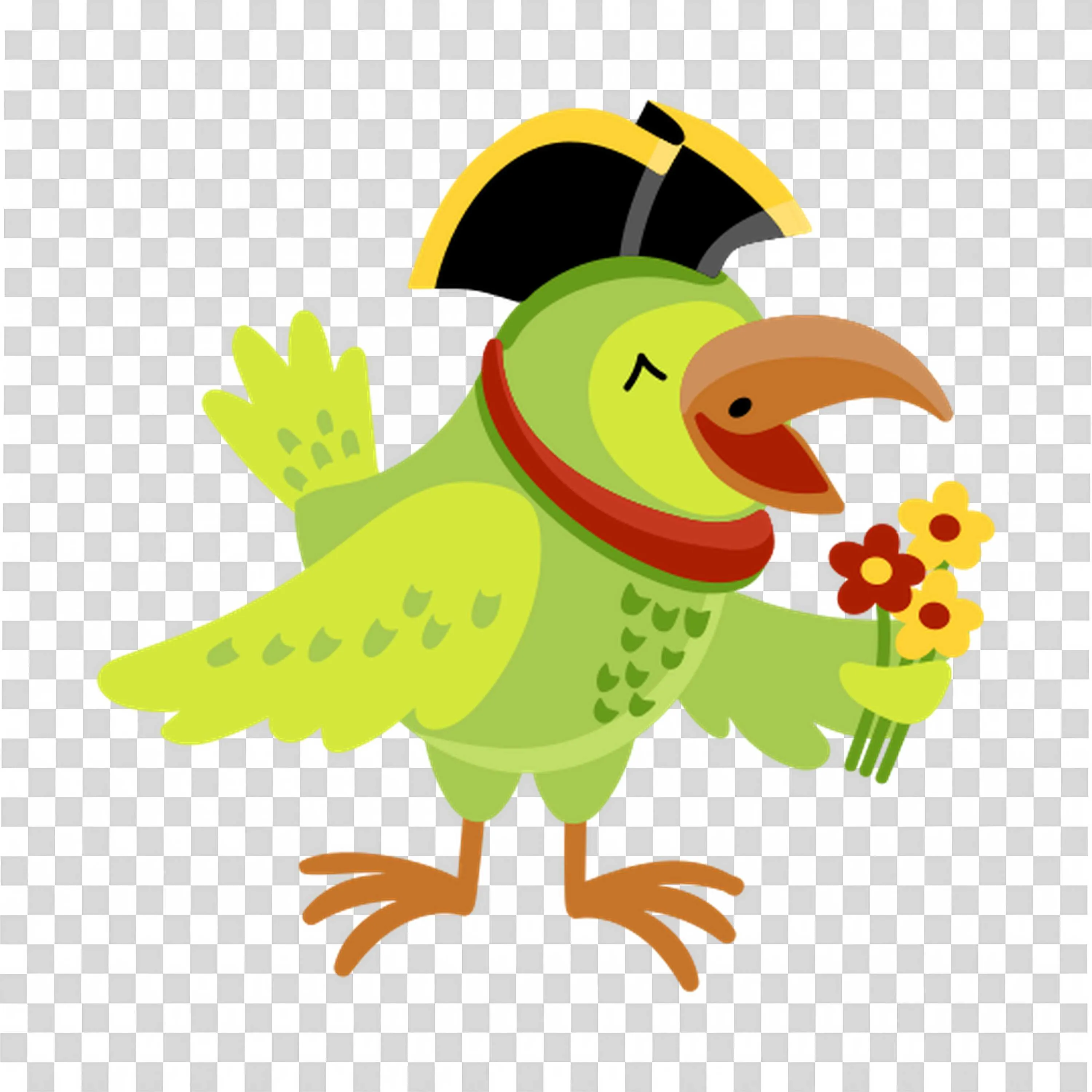 Green Parrot Holding Flower and Wearing a Black Hat
