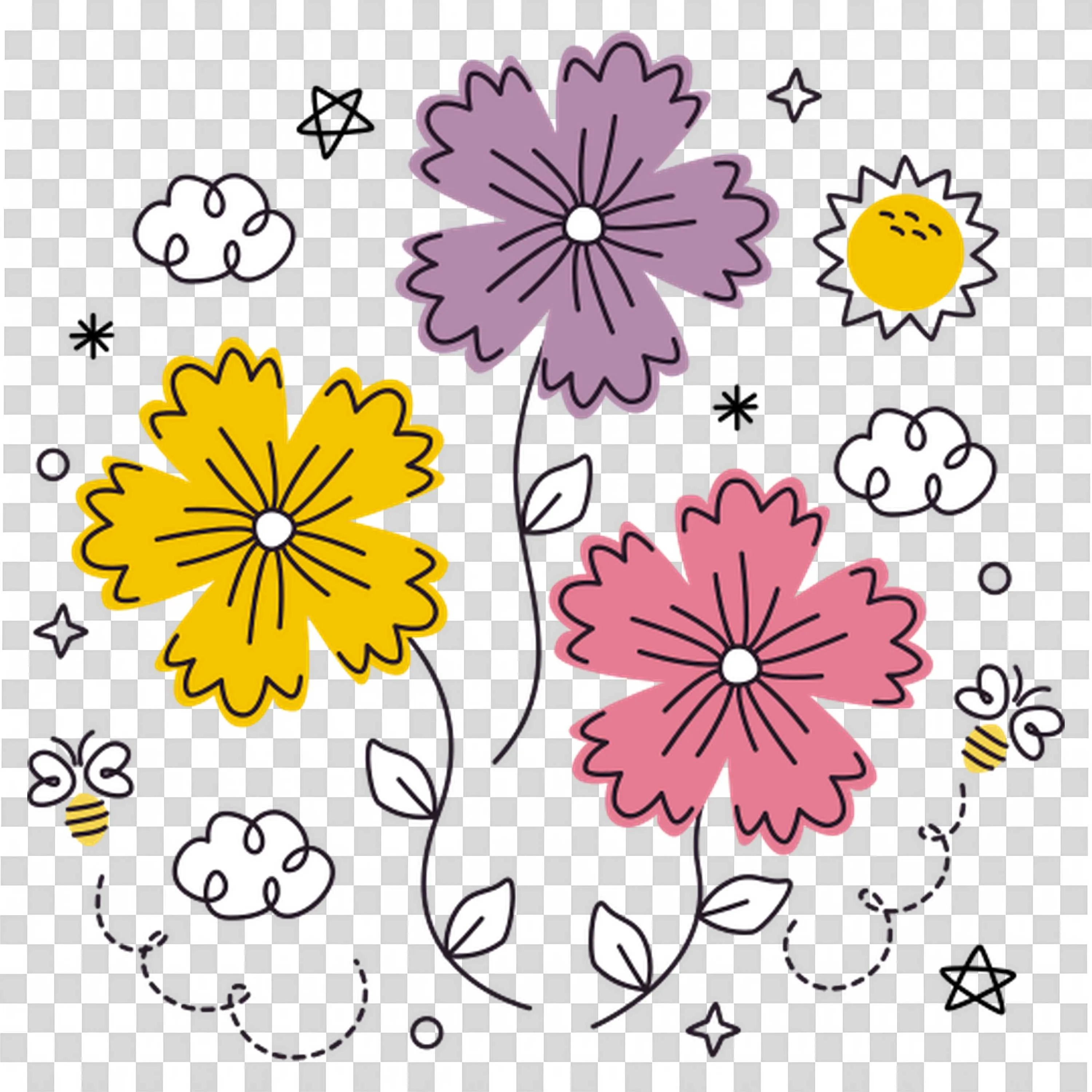 Hand Drawn Wildflowers with Clouds and Stars PNGImage