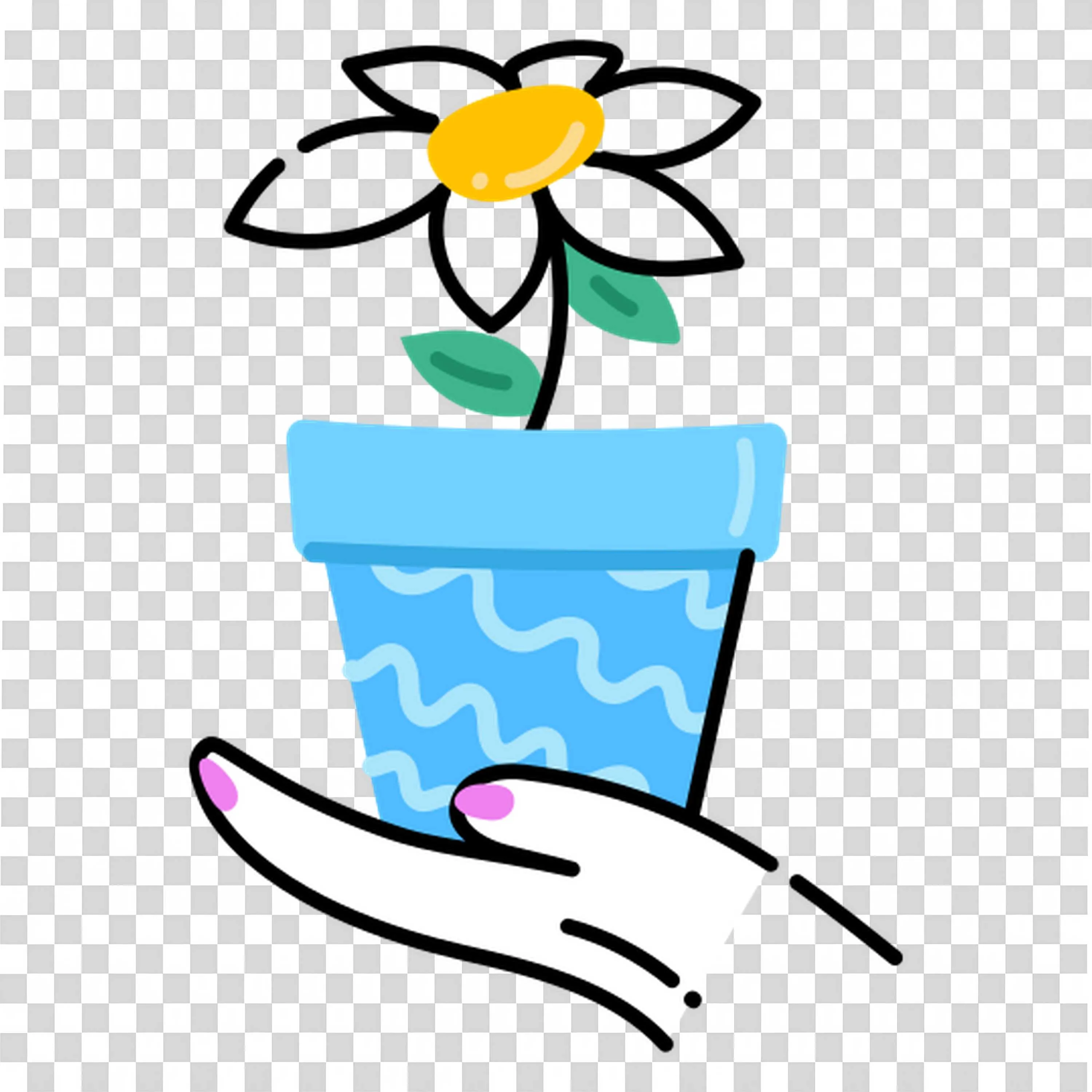 Hand Holding Blue Flower Pot with White Daisy Plant