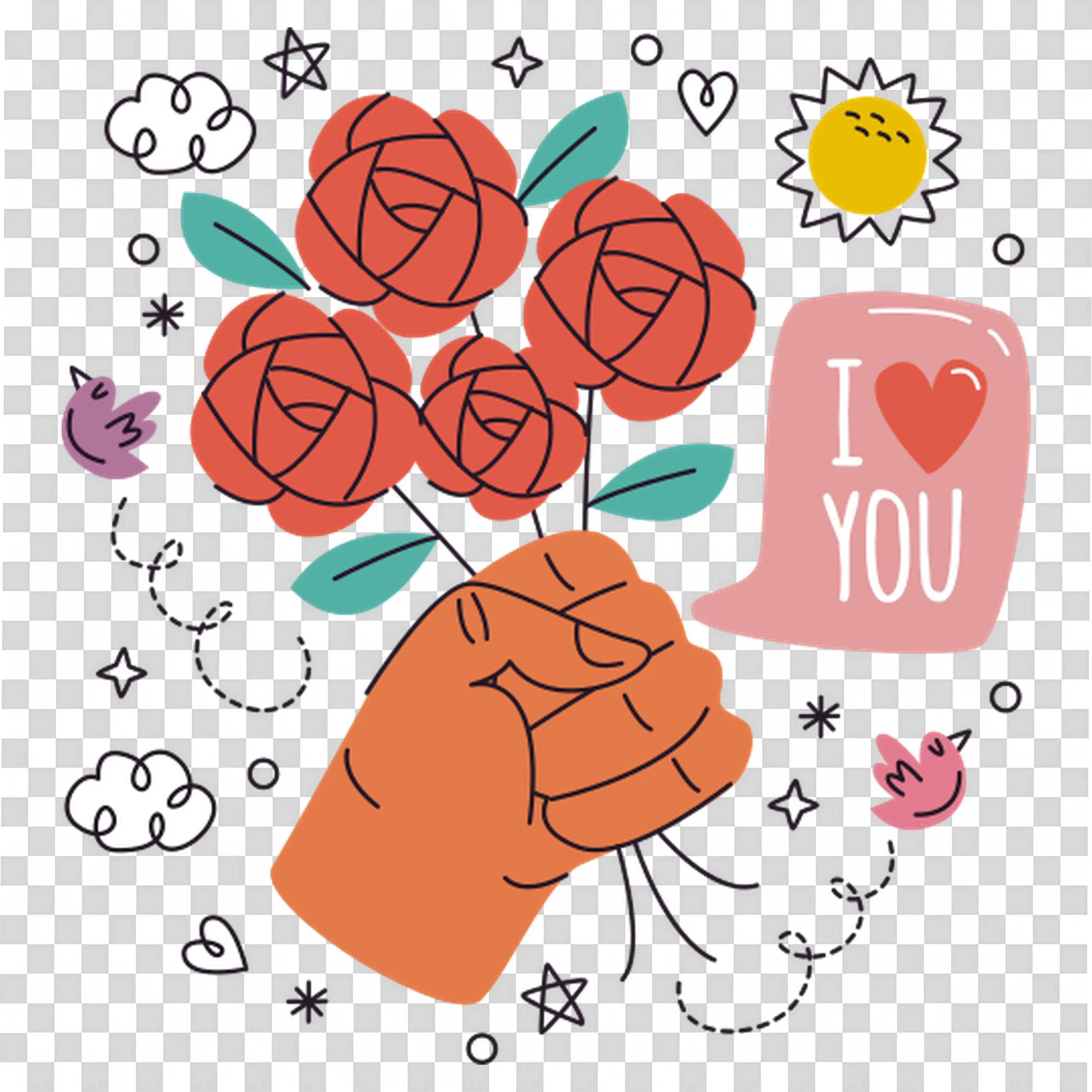 Hand Holding Bouquet Of Roses with Love You Message PNG