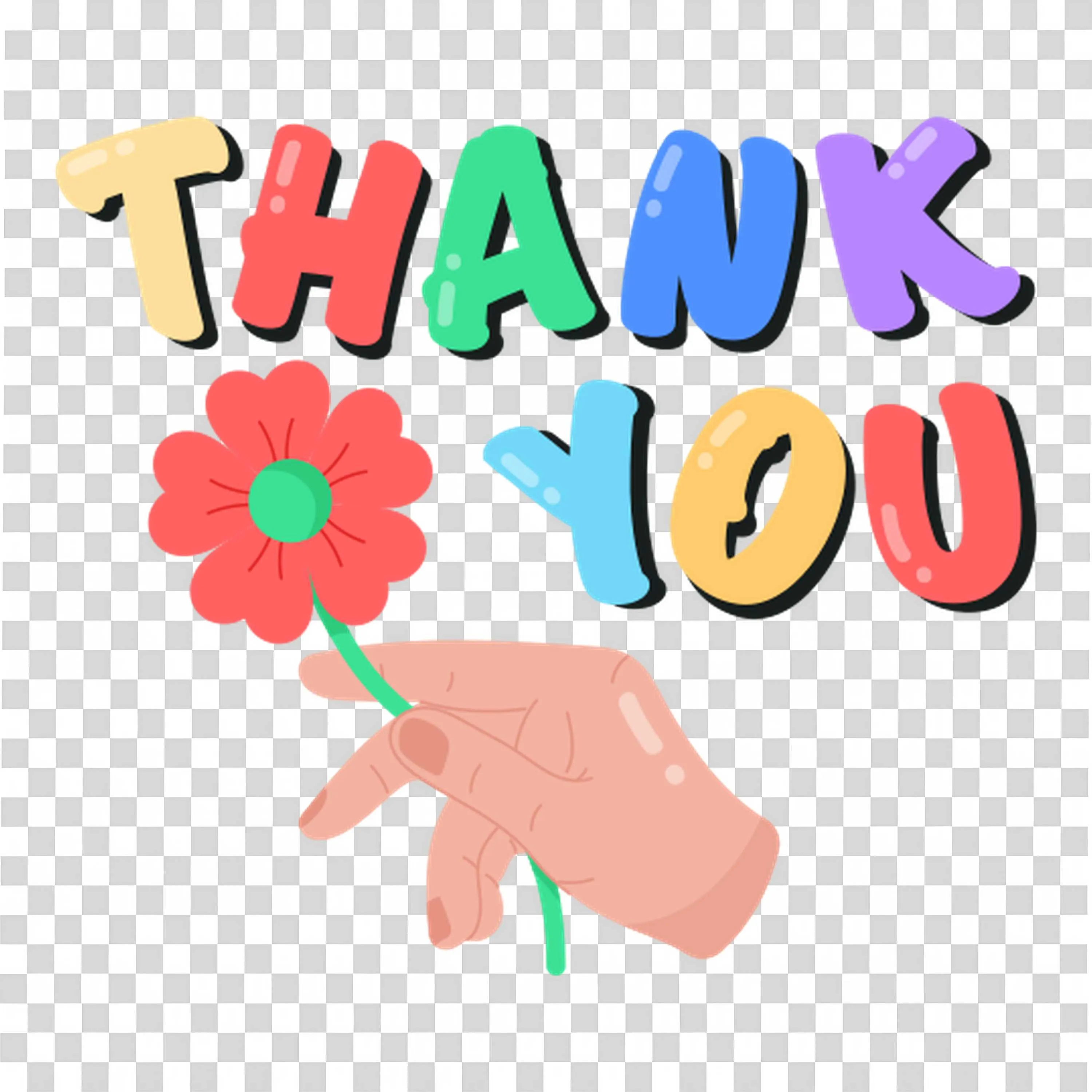Hand Holding Flower with Colorful Thank You Text PNG