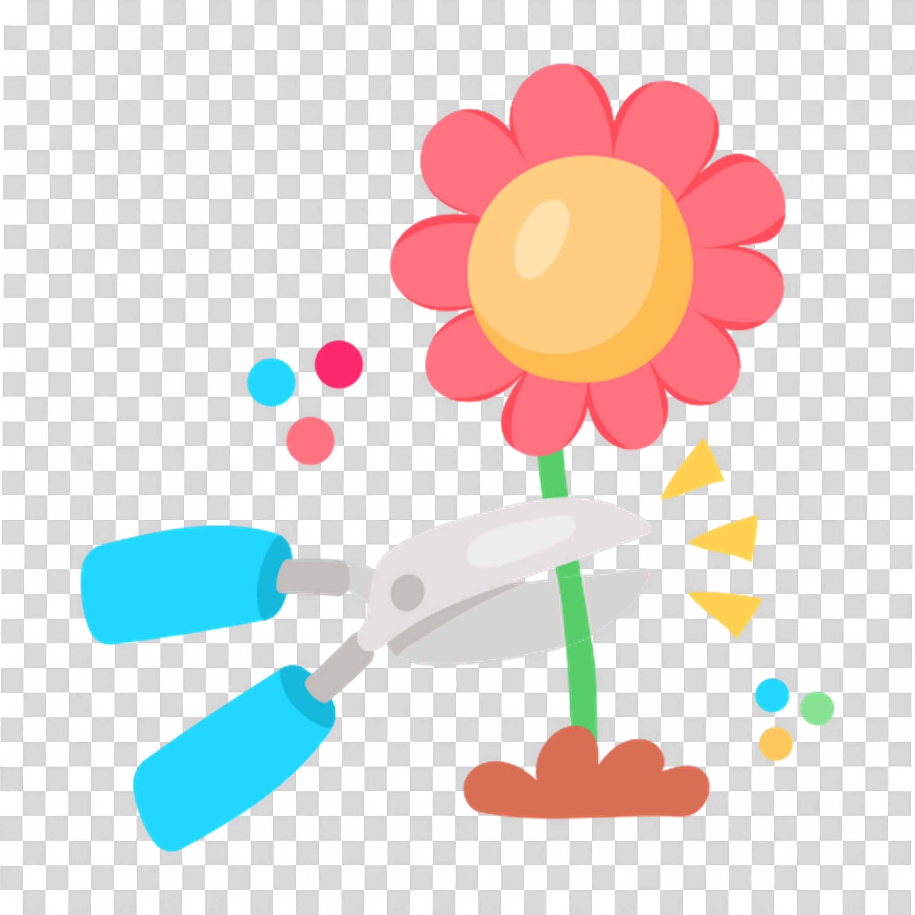 Hand Holding Garden Shears Trimming Colorful Flower in Soil