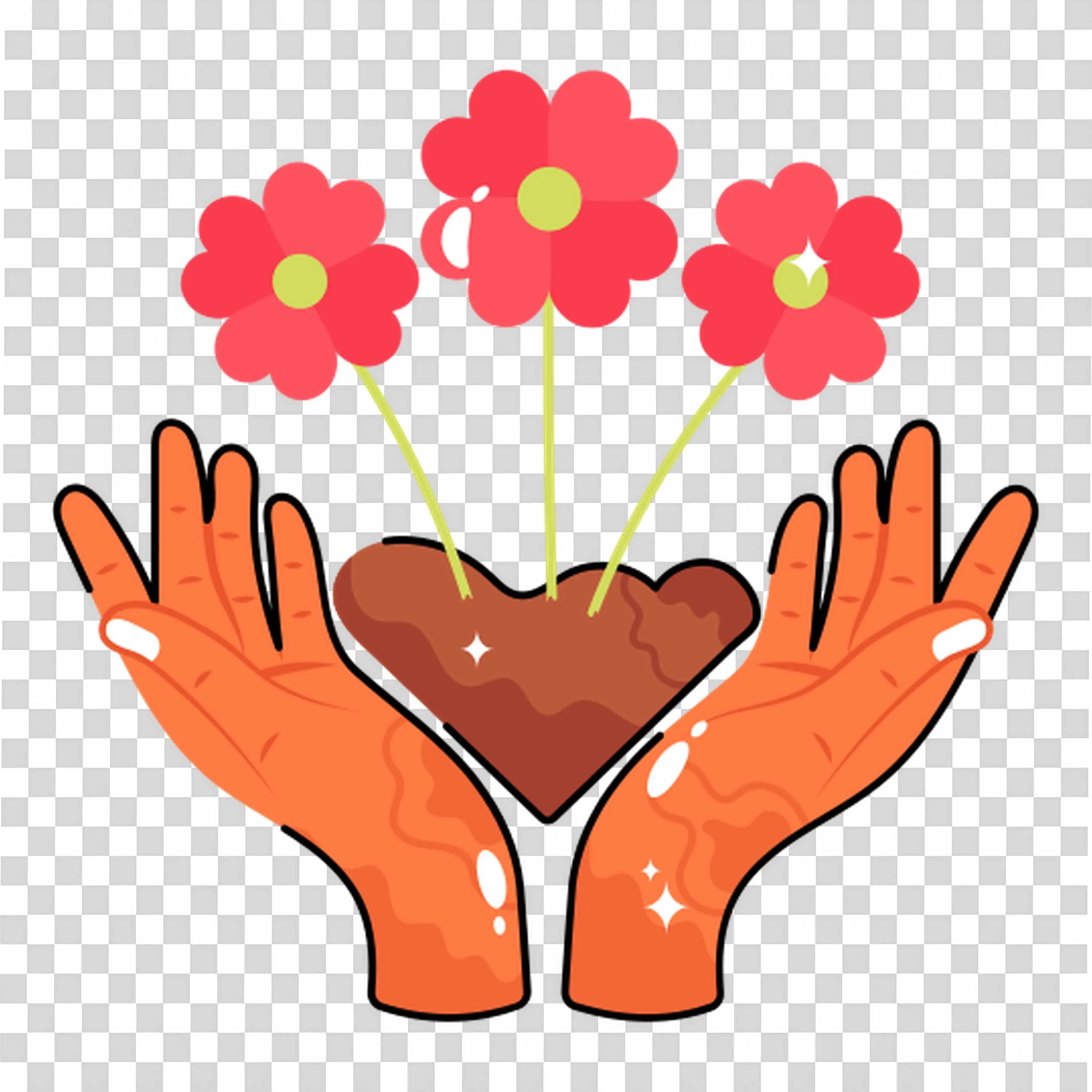 Hands Holding a Heart with Red Flowers Growing Out