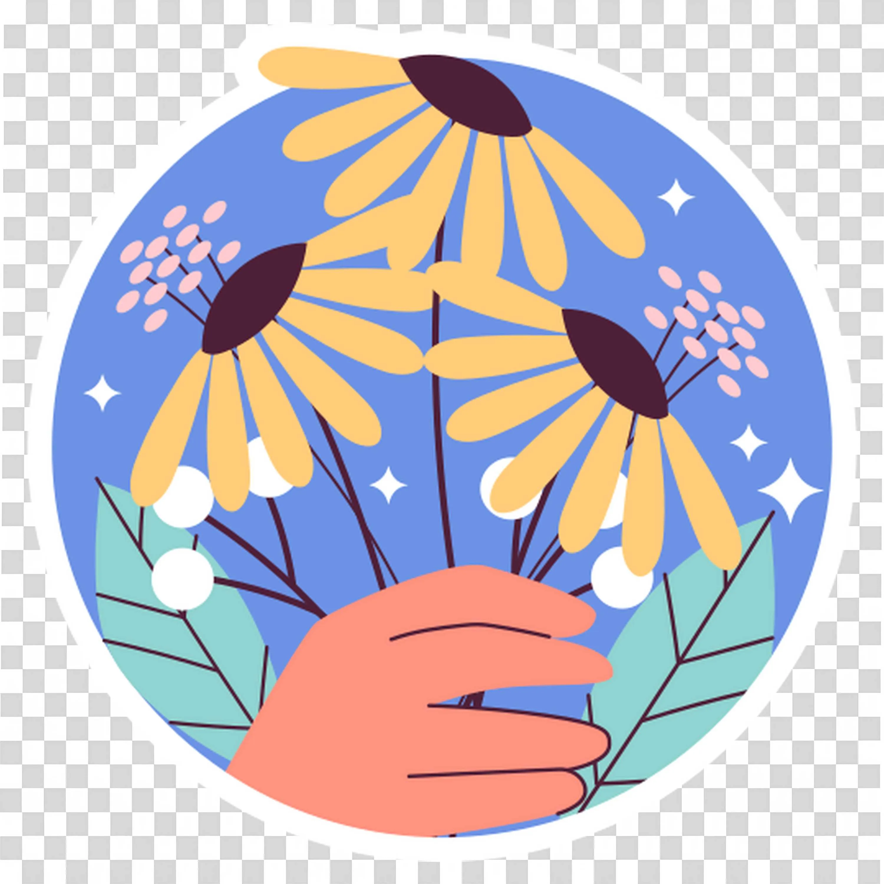 Hands Holding Yellow Flowers with Blue Circle Back