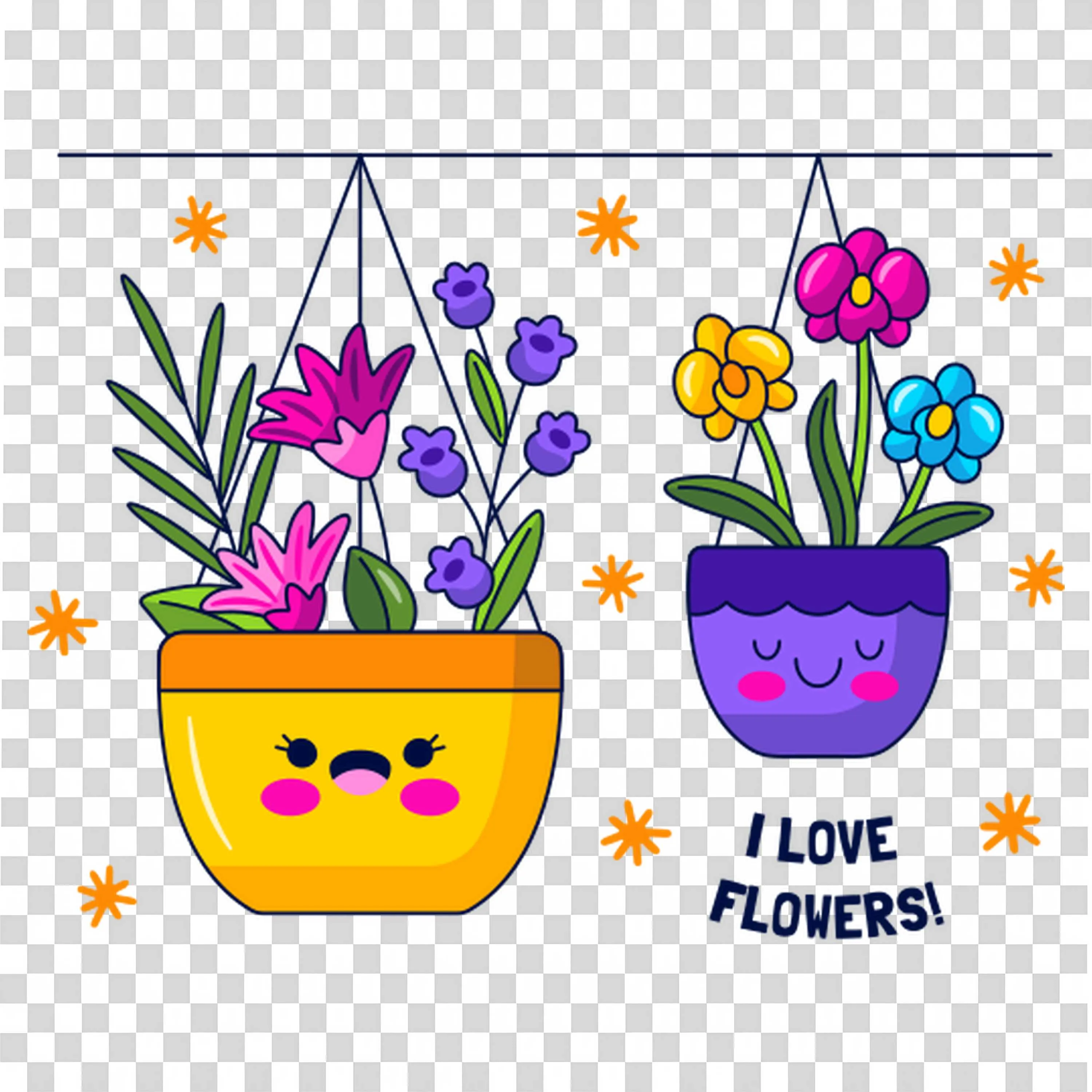 Hanging Flower Pots with I Love Flowers Text Design