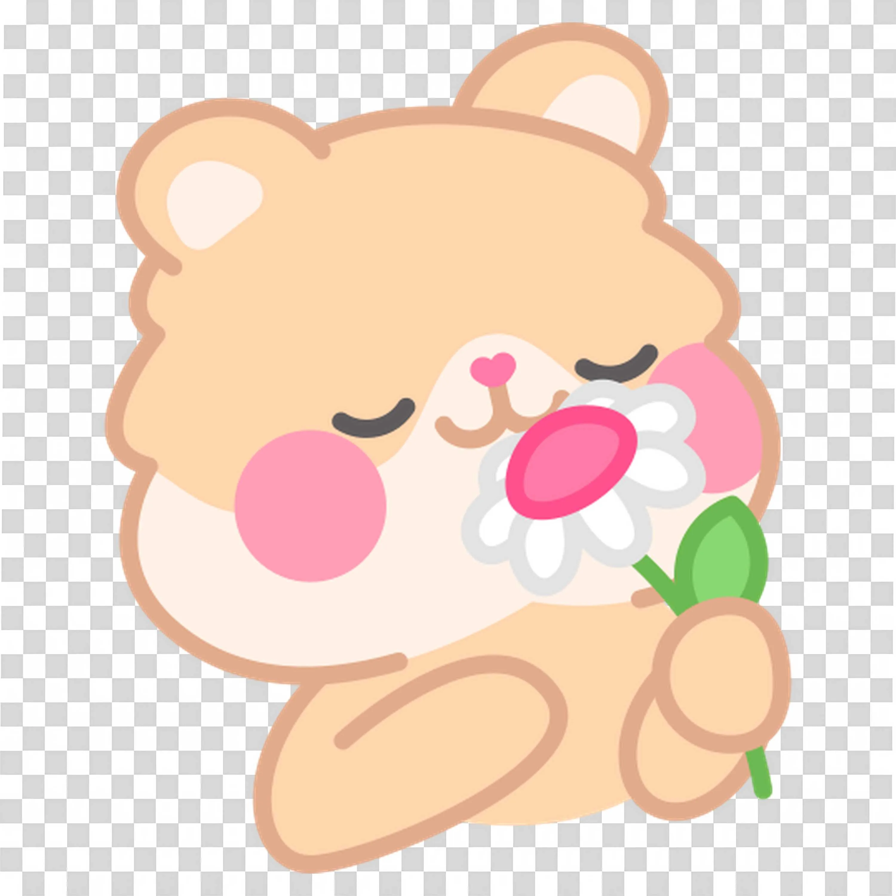 Happy Bear Smelling a White Flower with Closed Eyes
