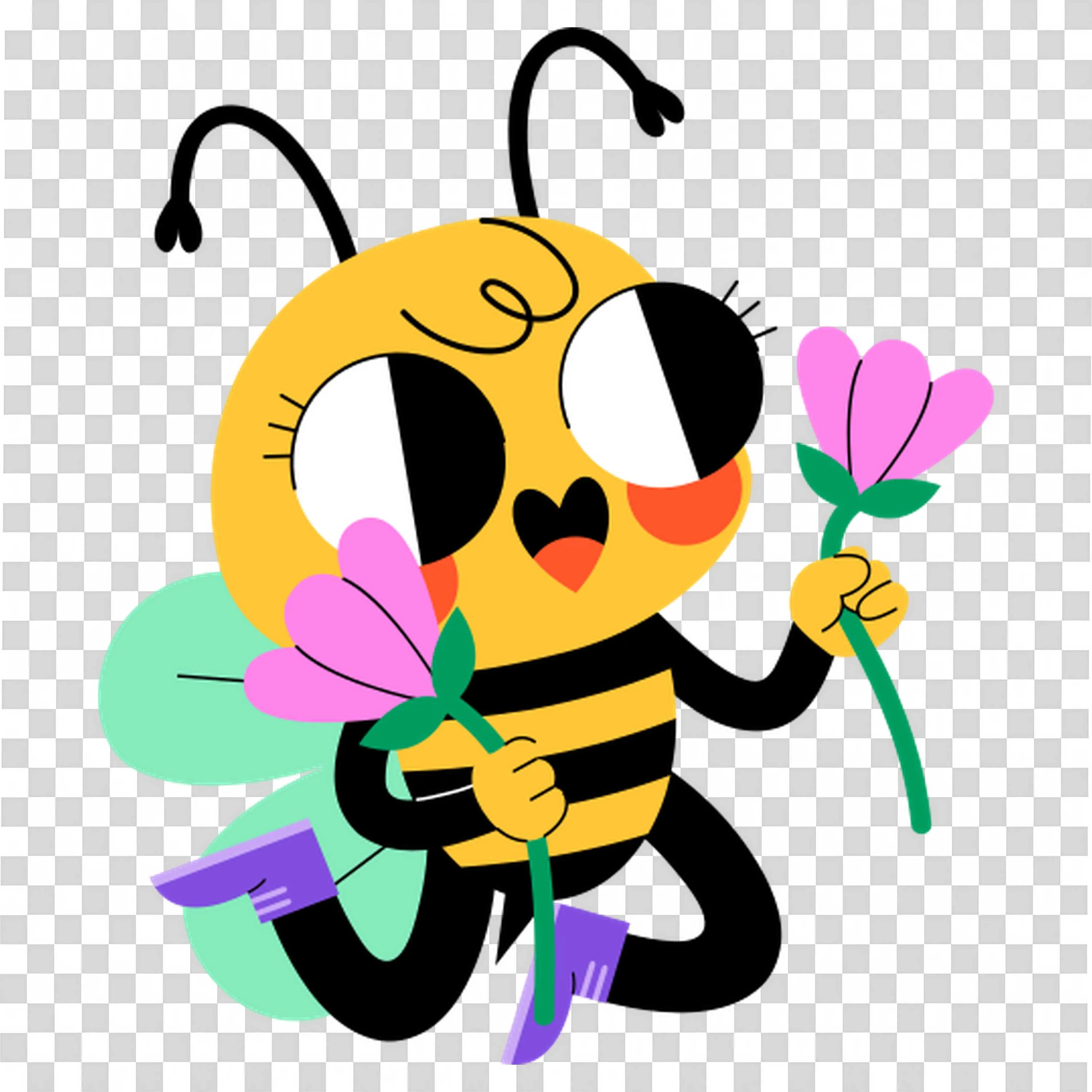 Happy Bee Holding Pink Flower with Heart on Wings PNG