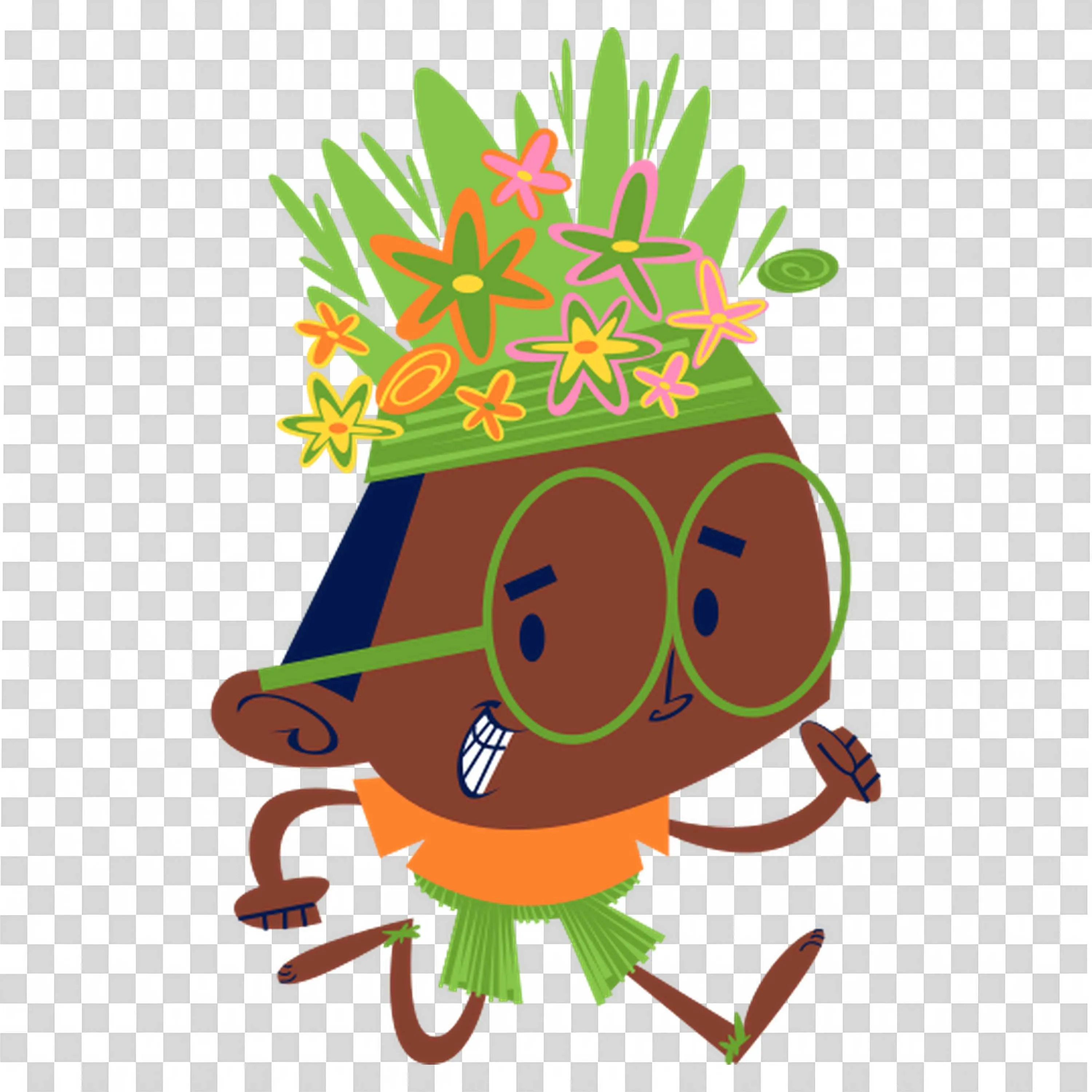 Happy Boy Dancing with Colorful Flowers on His Head PNG