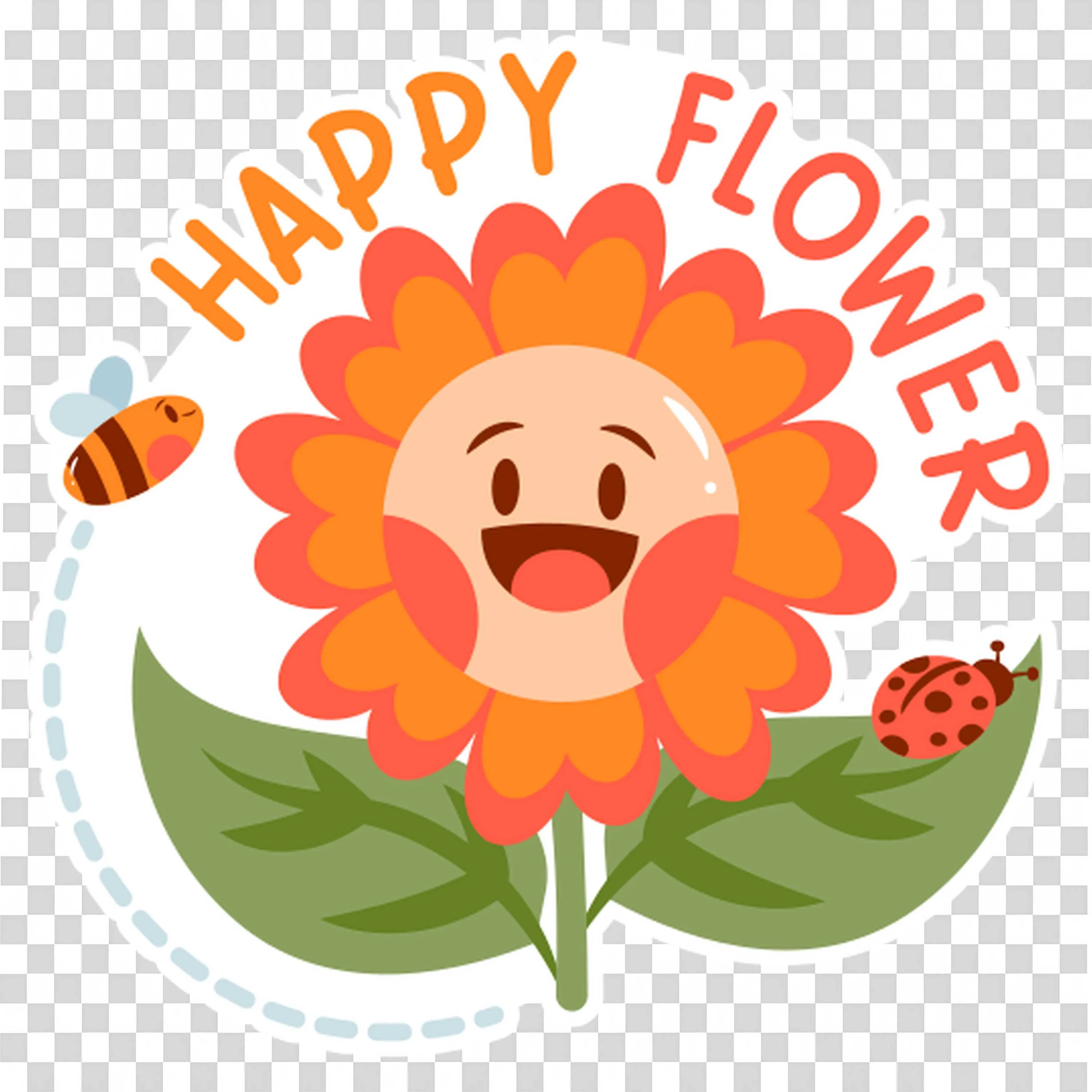 Happy Cartoon Flower Surrounded By Bees and Ladybug