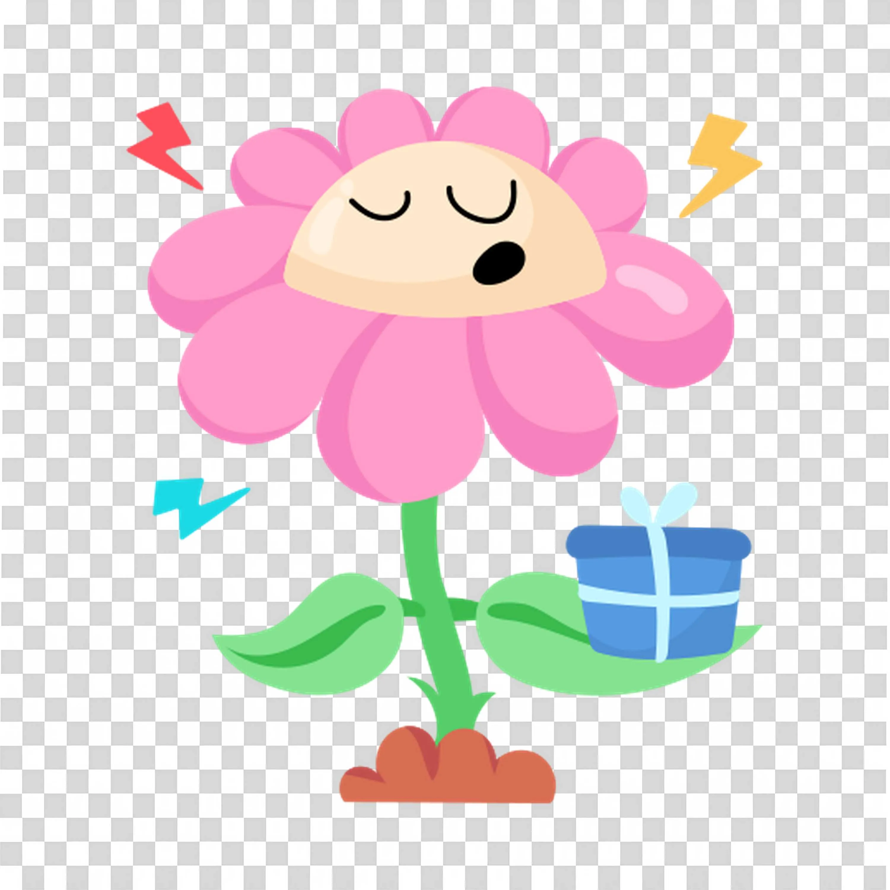 Happy Cartoon Pink Flower with Gift and Lightning Bolt PNG
