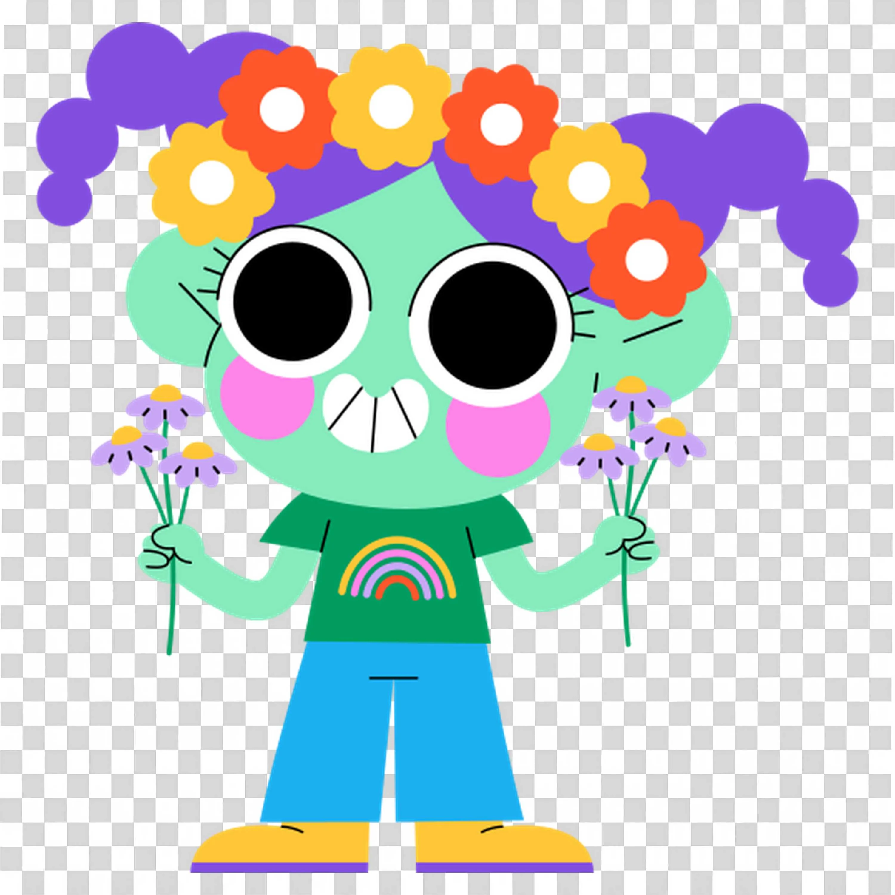 Happy Character Wearing Colorful Flower Crown and Blue