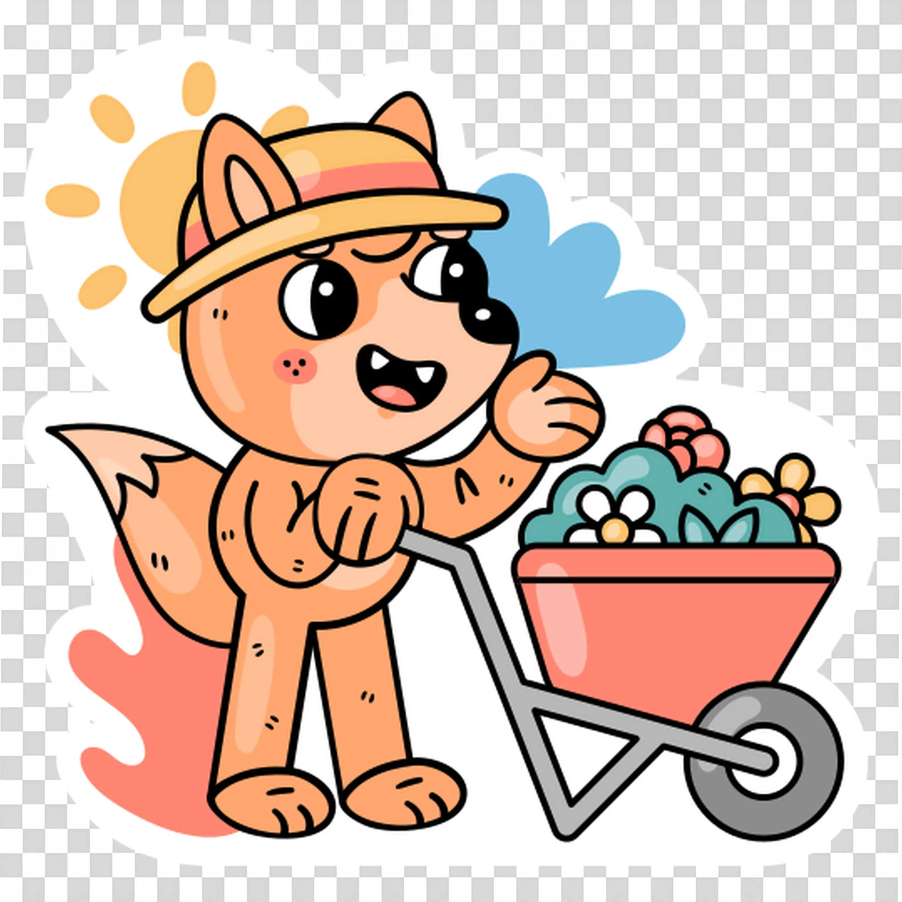 Happy Dog Pushing Wheelbarrow Full Of Spring Flowers