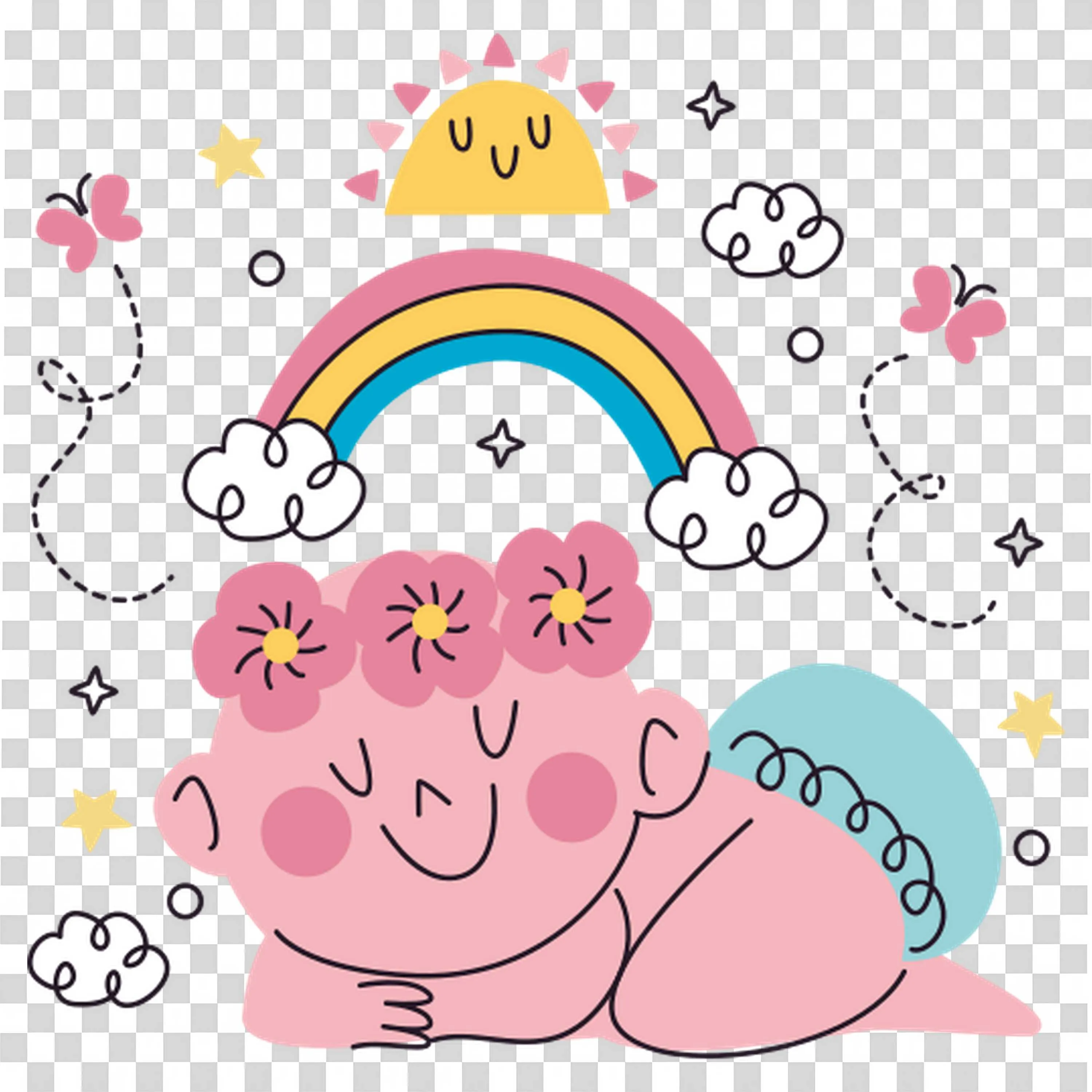 Happy Flower Face with Rainbow and Cloud in the Sky