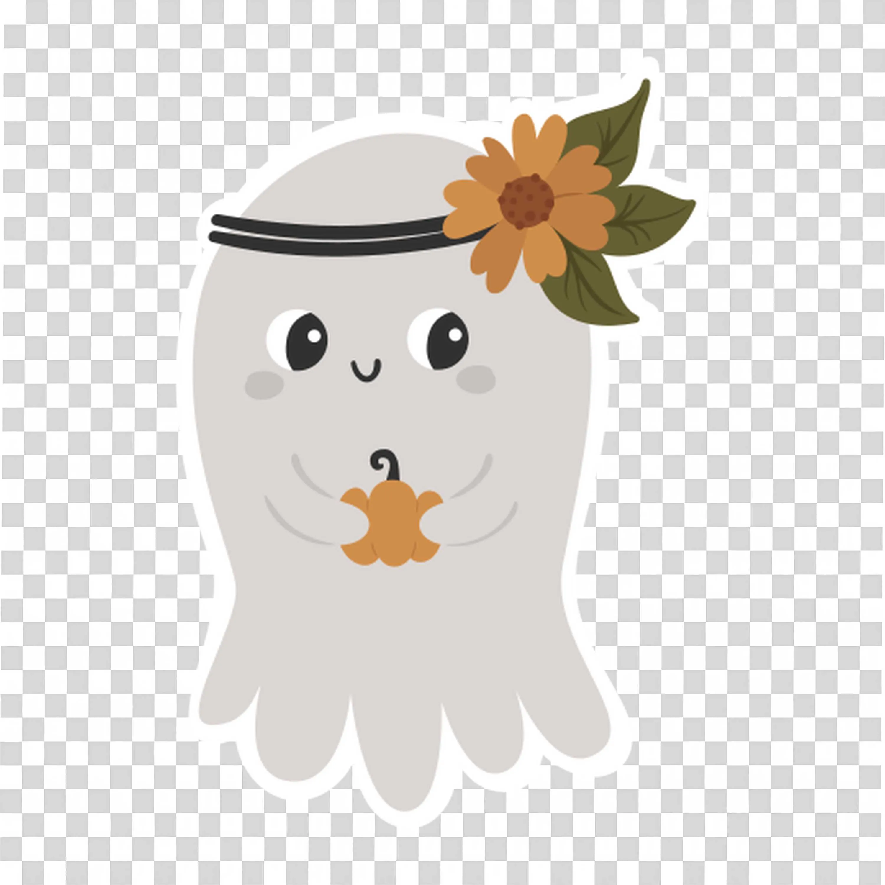 Happy Ghost Wearing a Flower Headband Holding a Leaf