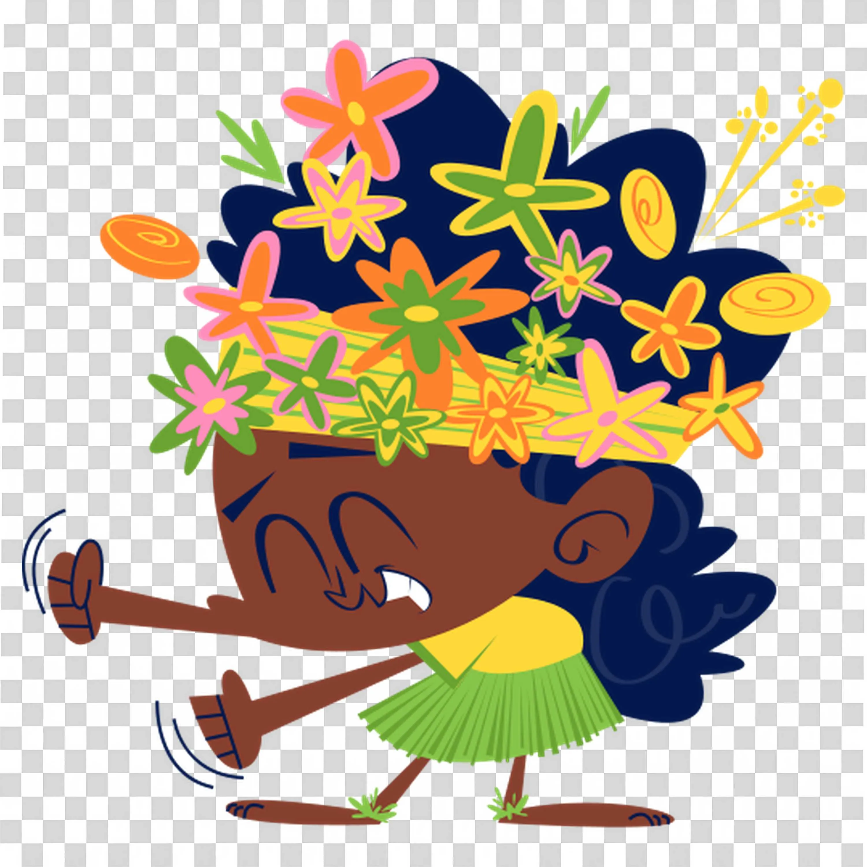 Happy Girl Dancing with Flowers Blooming on Head Free PNG