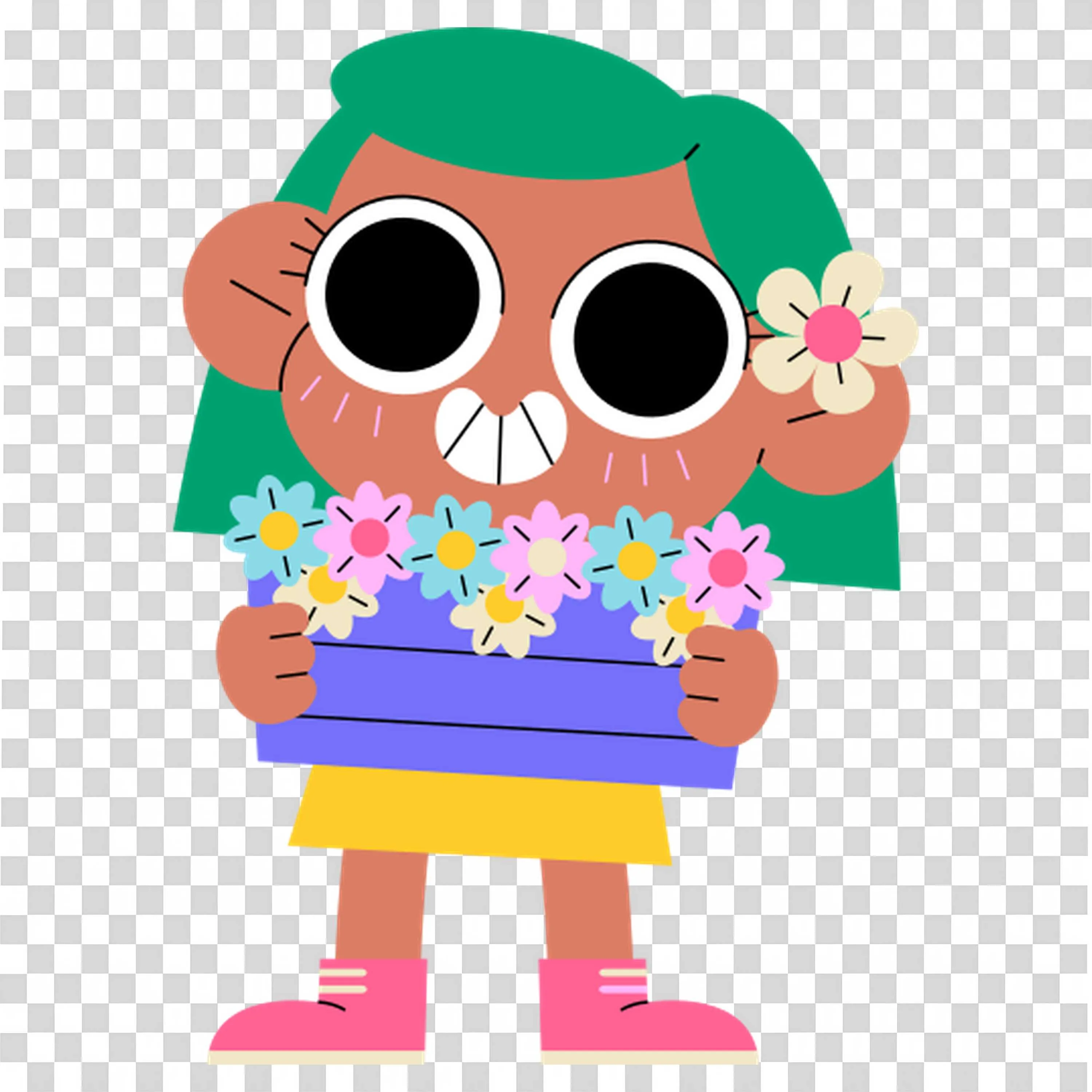 Happy Girl Holding a Colorful Bouquet Of Flowers PNG
